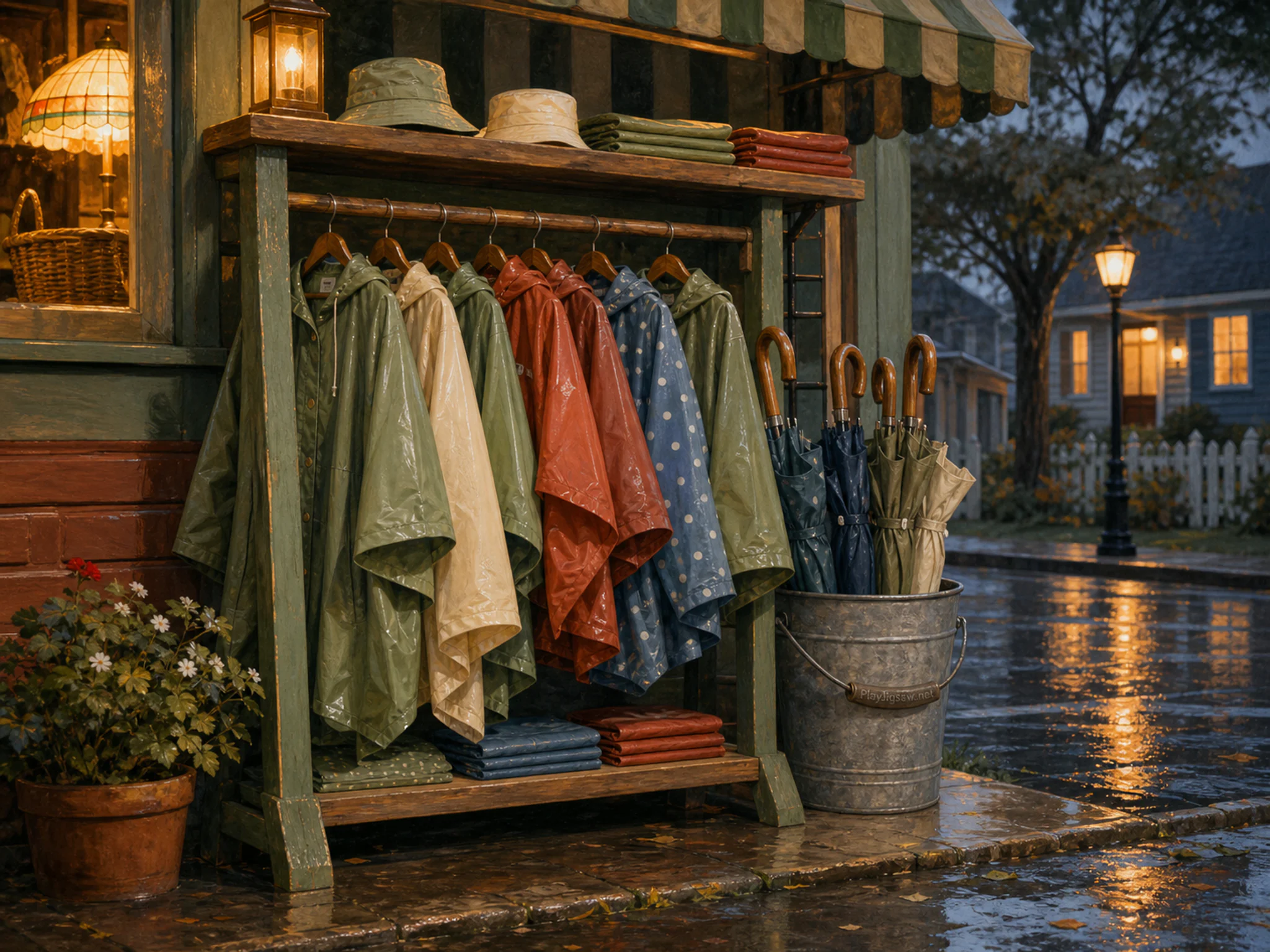 raincoat kiosk arranged naturally beside a galvanized umbrella bucket in a rainy neighborhood kiosk with raincoats and folded umbrellas, with familiar objects and warm lamplight.