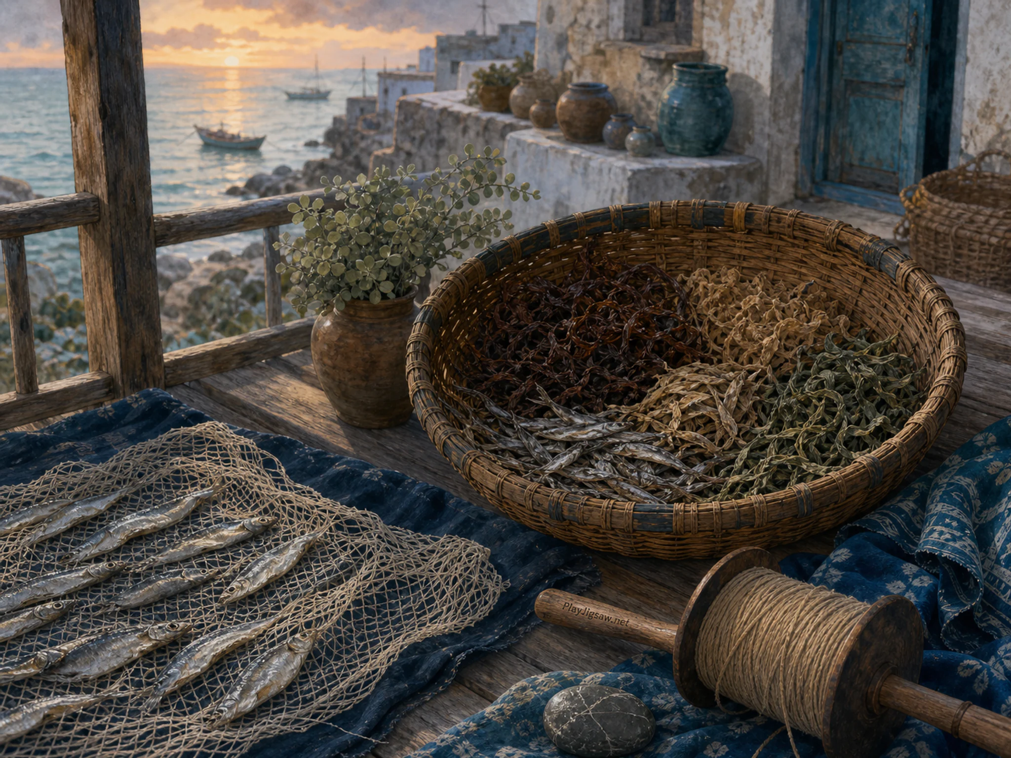 Sea Wind Porch drying beside woven harvest basket in a glowing communal evening, with layered scenery and bright diffused window light.