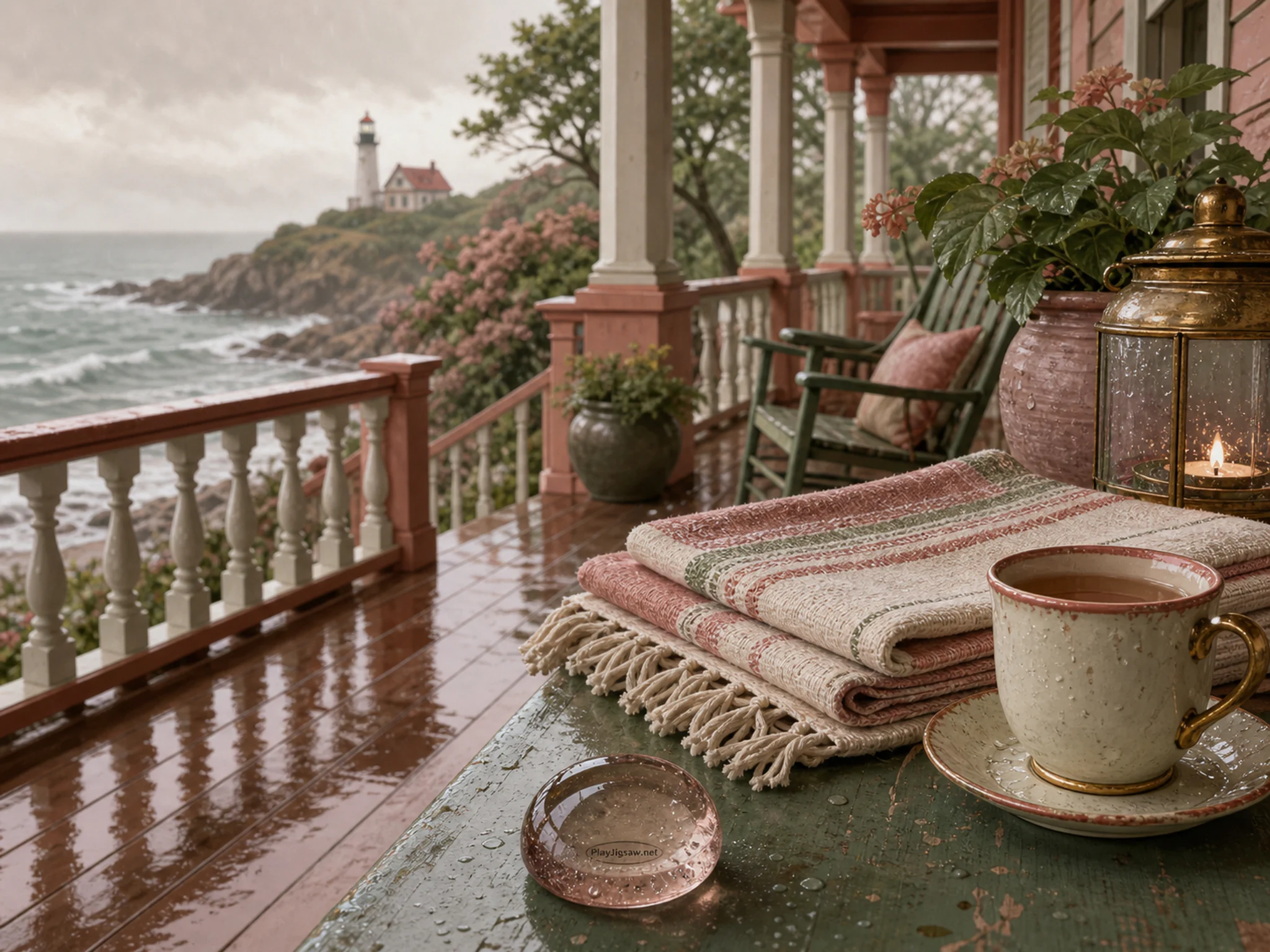 Sea Wind Porch being folded on enameled tea cup in a fresh rain-washed spring porch, with layered scenery and gentle rain with crisp reflections.