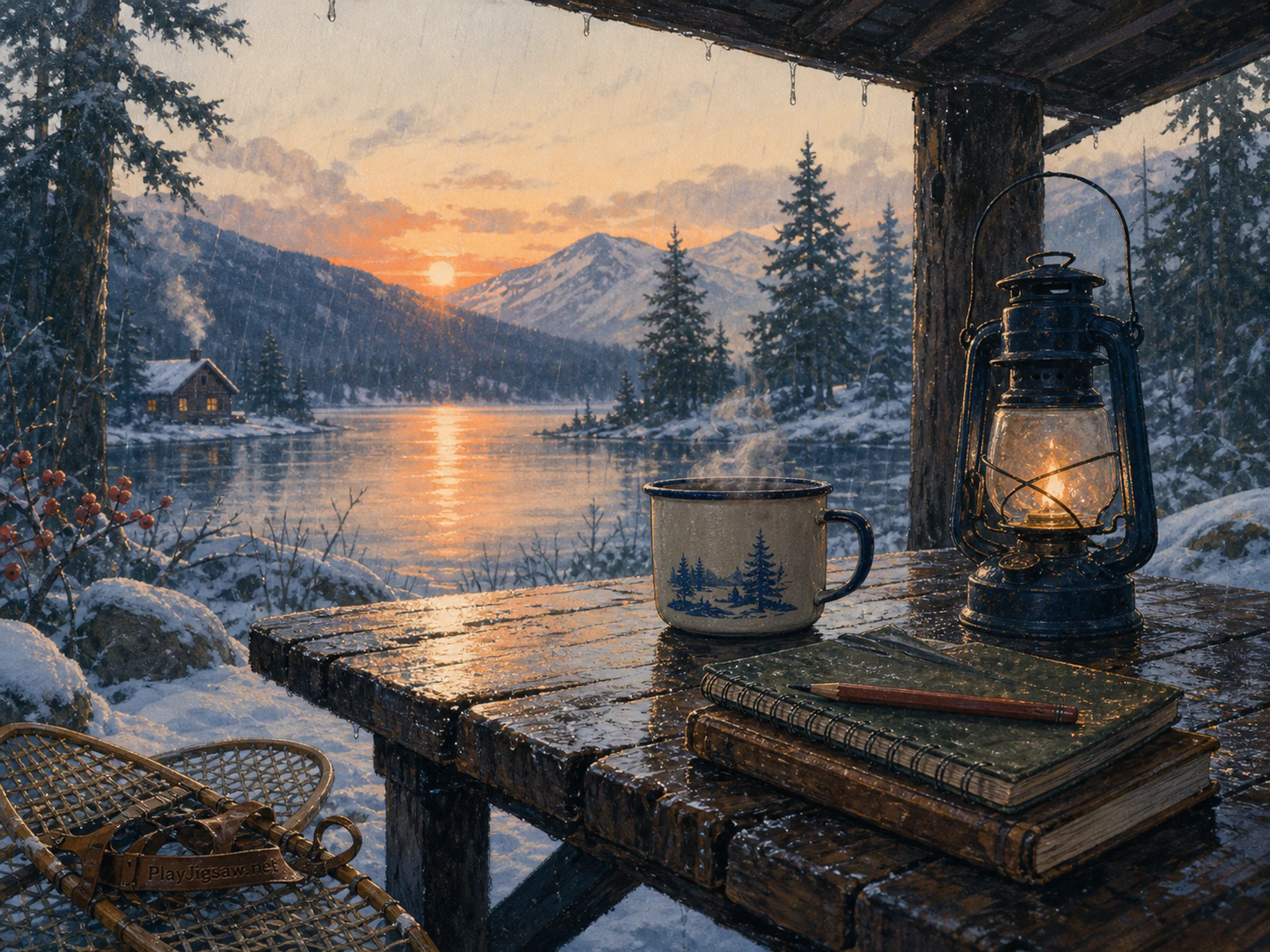 First Dawn Table sheltered beside enameled tea cup in a snow-softened winter shelter, with layered scenery and gentle rain with crisp reflections.