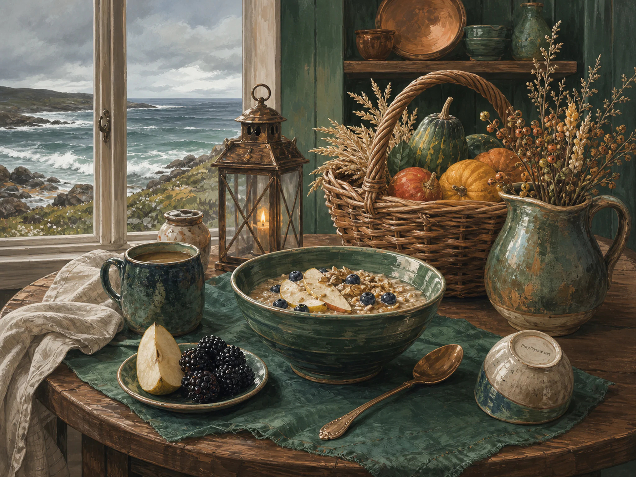First Dawn Table filled beside woven harvest basket in a weather-swept coastal home, with layered scenery and soft overcast afternoon.