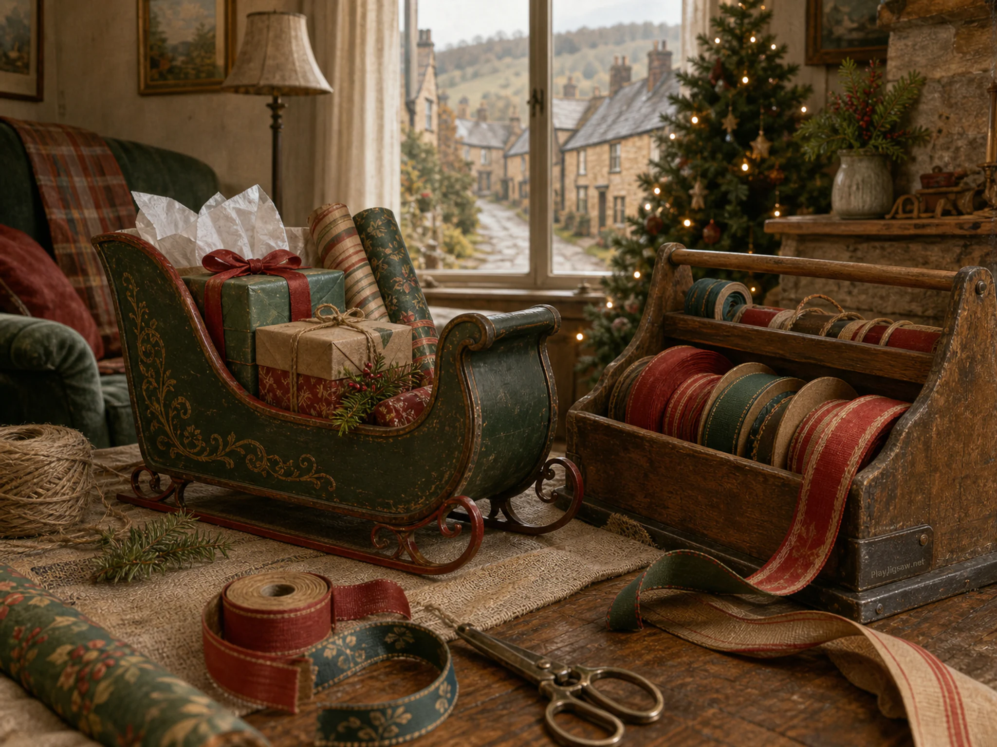 gift sleigh workshop arranged naturally beside a wooden ribbon caddy in a familiar living-room gift-sleigh wrapping workshop, with familiar objects and soft overcast afternoon.