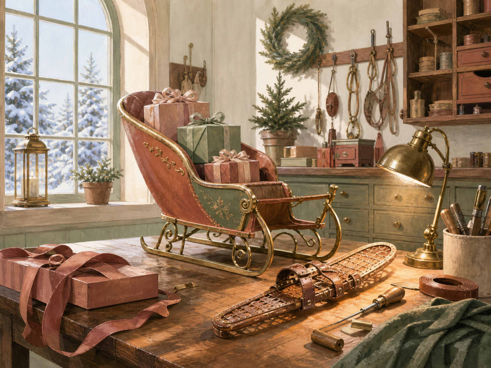 Gift Sleigh Workshop glowing around leather snowshoe strap in a restrained festive interior, with layered scenery and bright diffused window light.