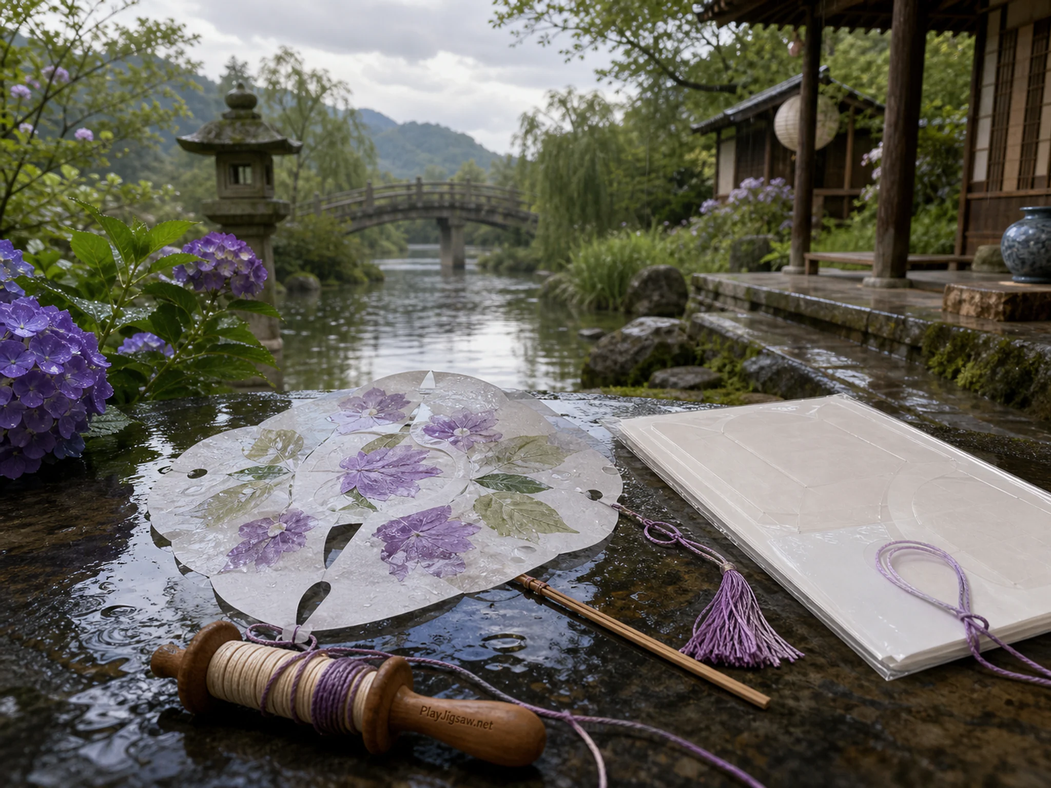 Paper Decoration Desk drying beside paper craft packet without text in a bright midsummer outdoor setting, with layered scenery and gentle rain with crisp reflections.