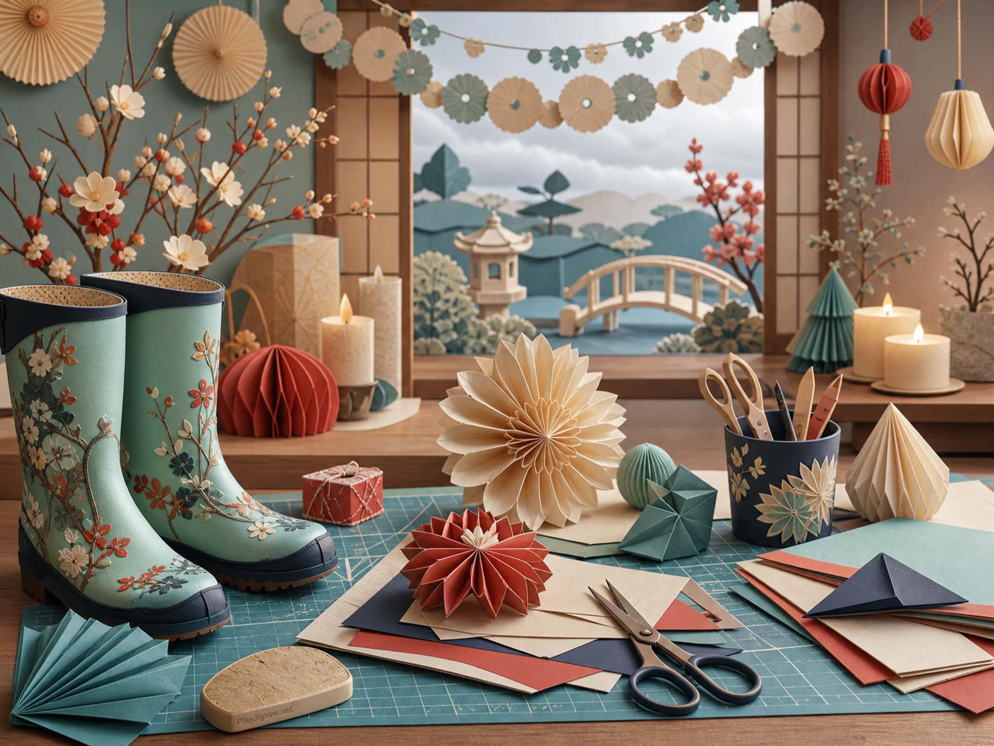 Paper Decoration Desk being folded on painted garden boots in a carefully decorated new-year room, with layered scenery and soft overcast afternoon.