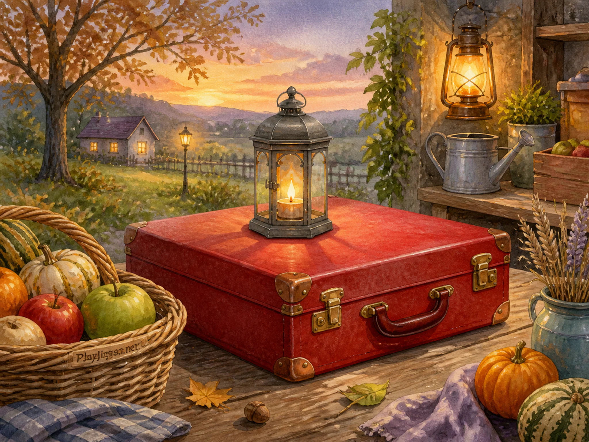 Red Suitcase Platform resting beneath small lantern frame in a warm harvest workspace, with layered scenery and golden lamplight at dusk.