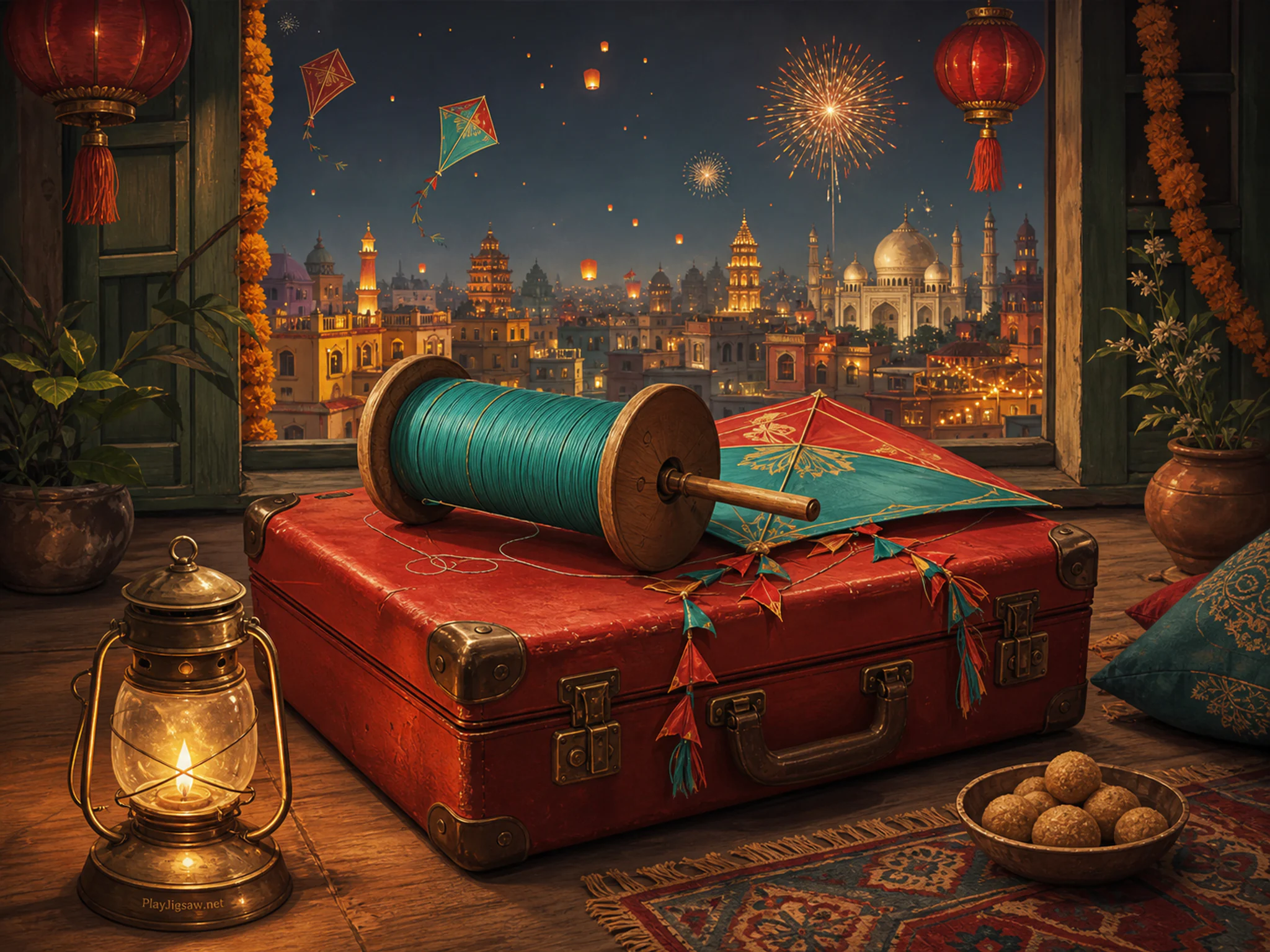 Red Suitcase Platform arranged along wooden kite spool in a glowing communal evening, with layered scenery and bright diffused window light.