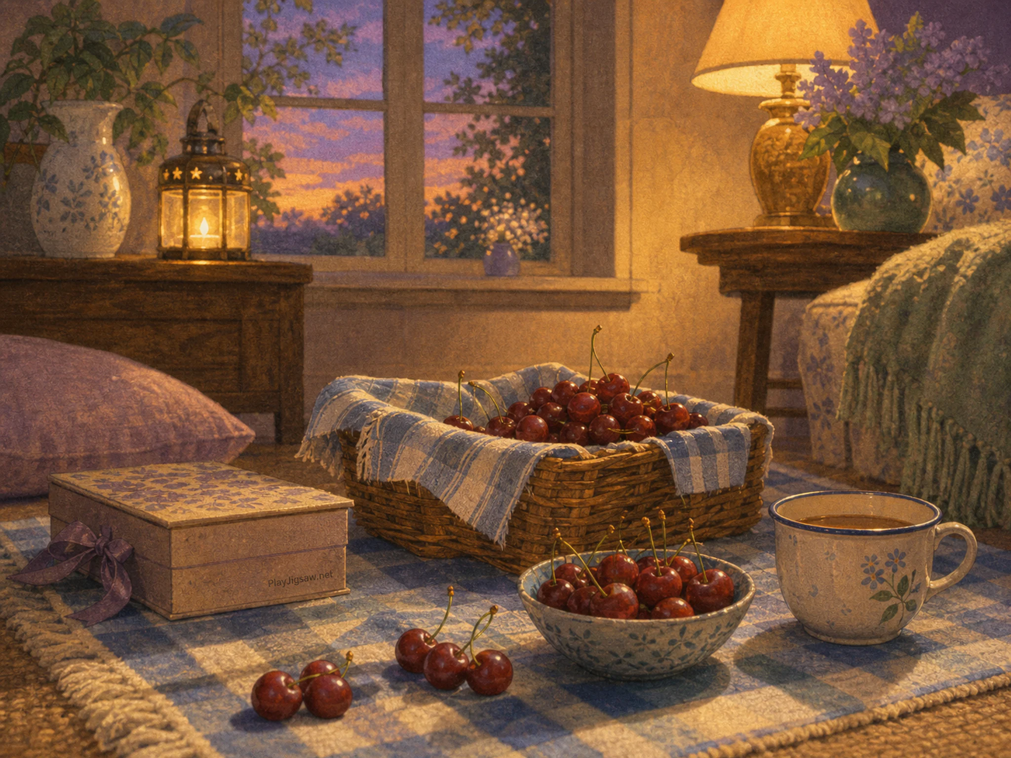 Cherry Picnic filled beside enameled tea cup in a restrained festive interior, with layered scenery and golden lamplight at dusk.