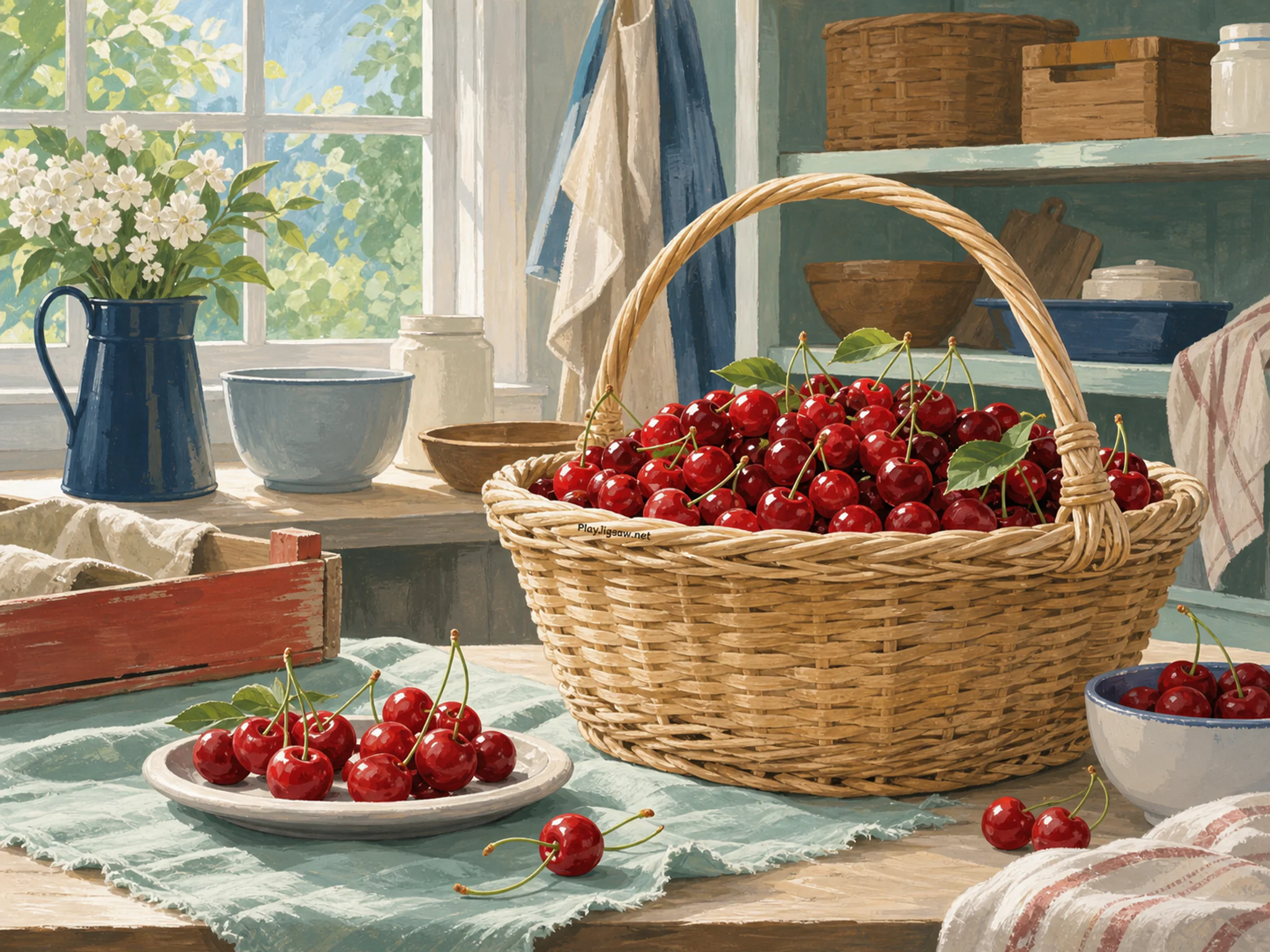 Cherry Picnic sheltered beside woven harvest basket in a warm harvest workspace, with layered scenery and bright diffused window light.