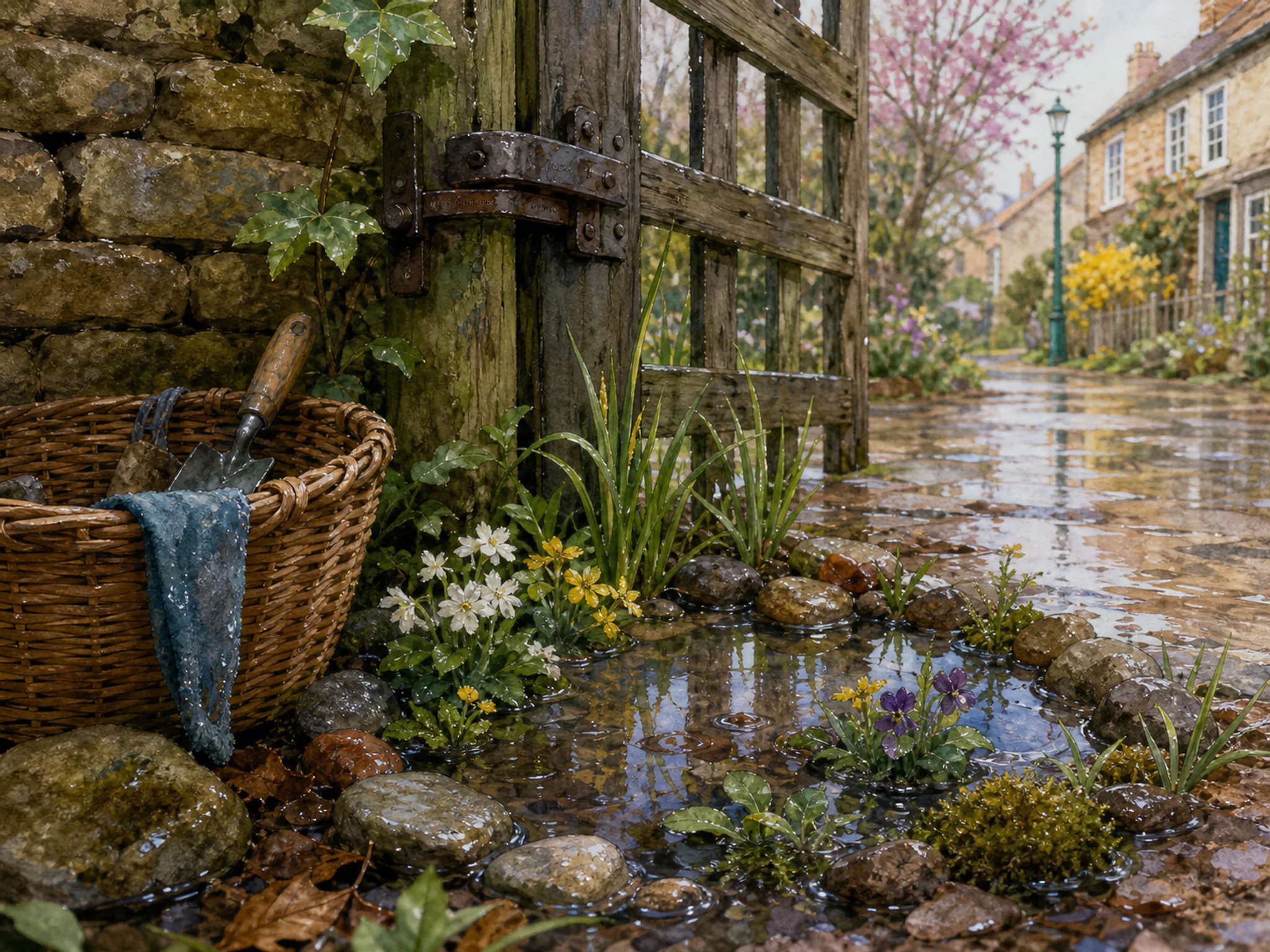 puddle garden arranged naturally beside a wicker garden basket in a familiar spring puddle garden after a light shower, with familiar objects and gentle rain with crisp.