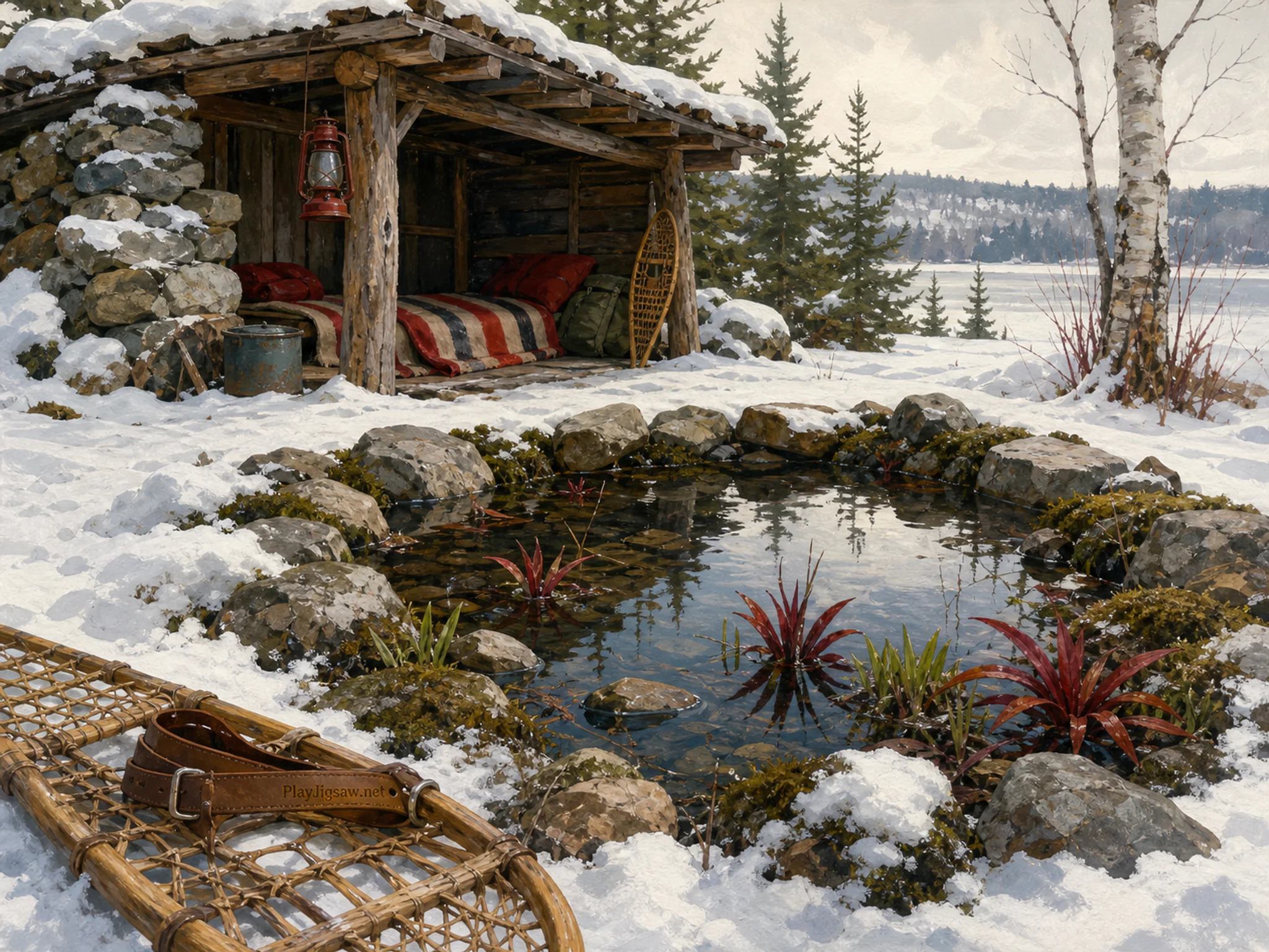 Puddle Garden ready near leather snowshoe strap in a snow-softened winter shelter, with layered scenery and soft overcast afternoon.
