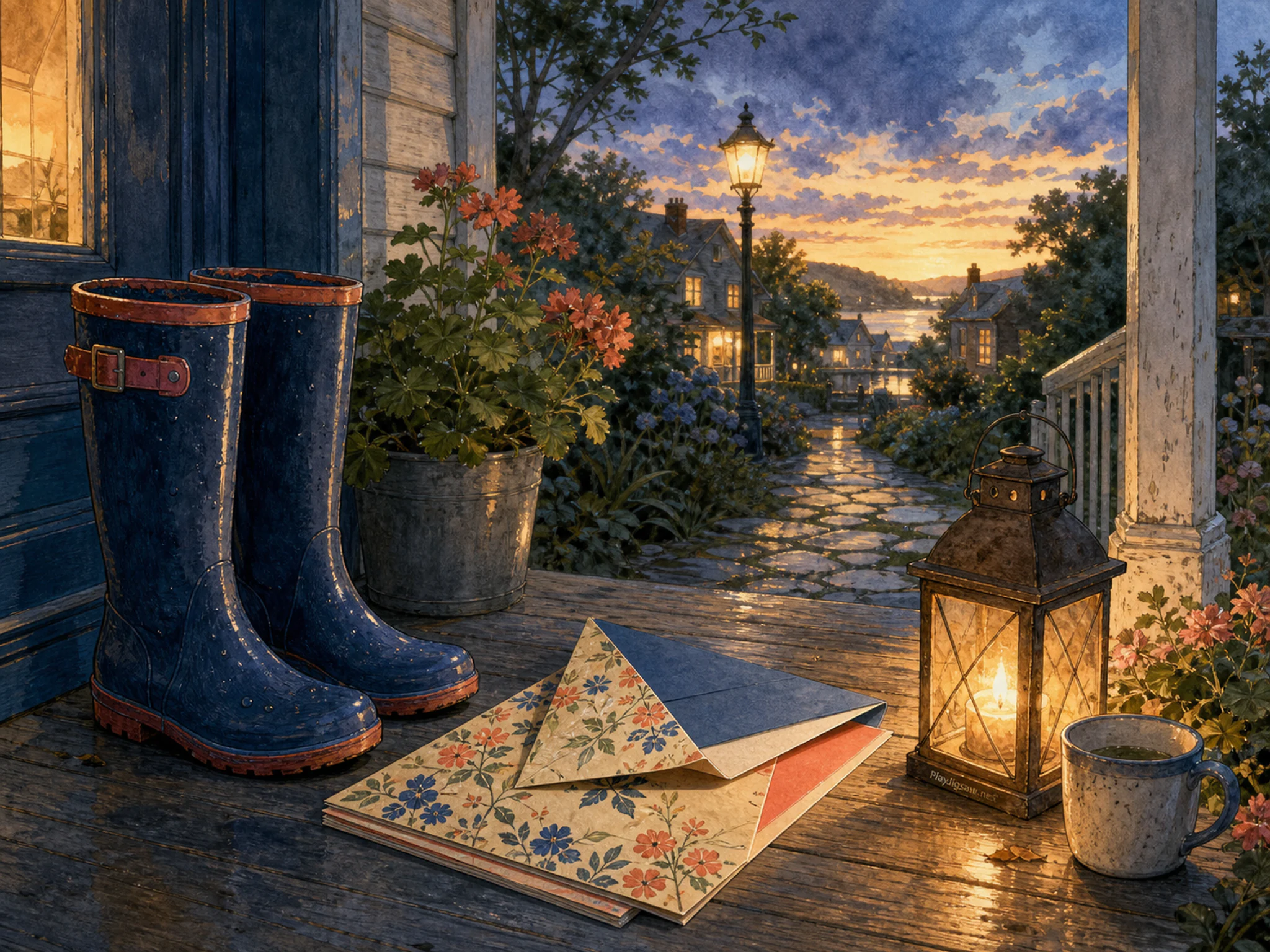 Rain Boot Porch being folded on paper craft packet without text in a glowing communal evening, with layered scenery and golden lamplight at dusk.