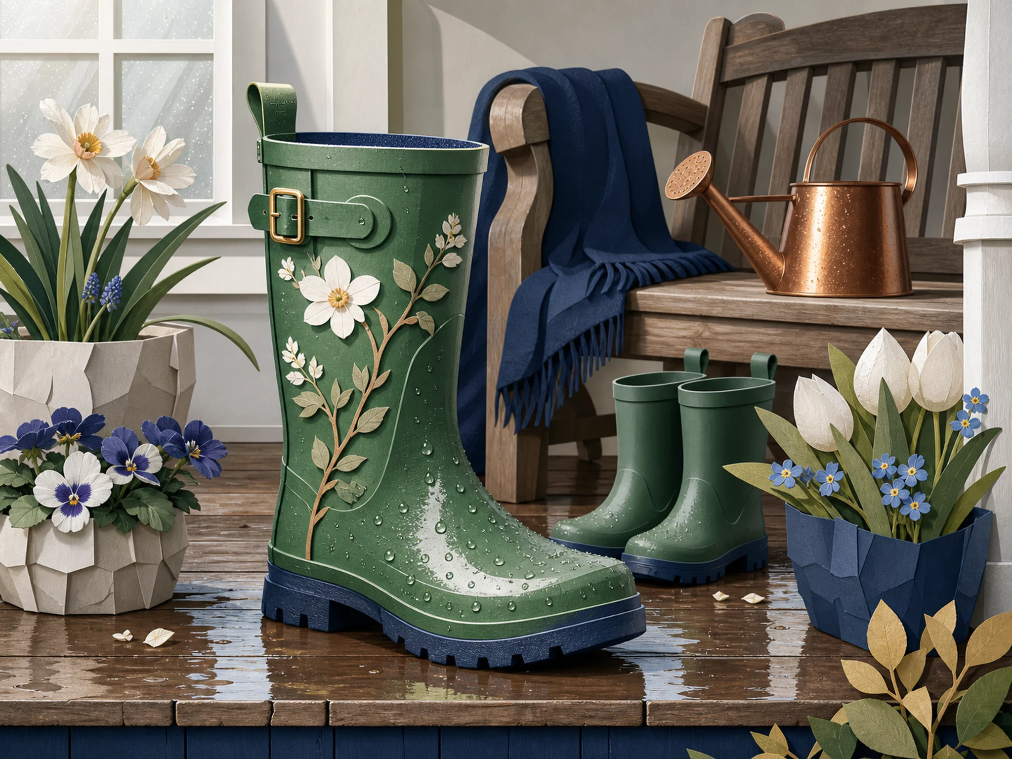 Rain Boot Porch drying beside painted garden boots in a fresh rain-washed spring porch, with layered scenery and bright diffused window light.