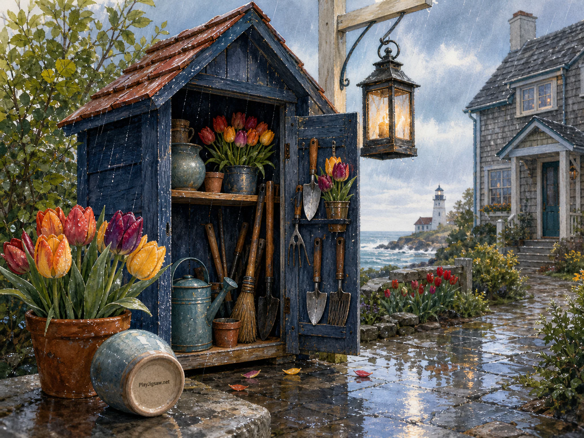 Tulip Tool Shed arranged along small lantern frame in a weather-swept coastal home, with layered scenery and gentle rain with crisp reflections.
