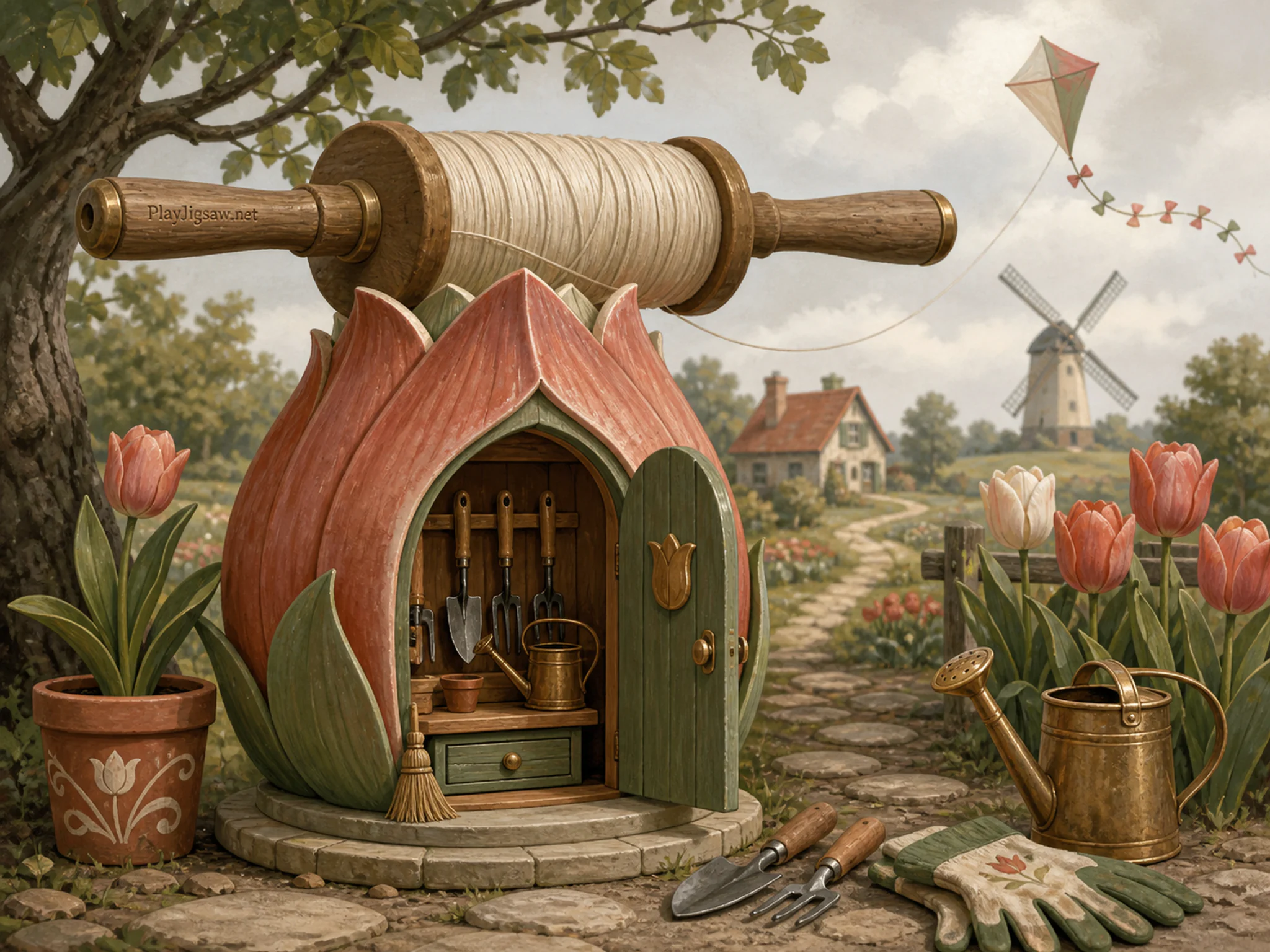 Tulip Tool Shed resting beneath wooden kite spool in a bright midsummer outdoor setting, with layered scenery and soft overcast afternoon.