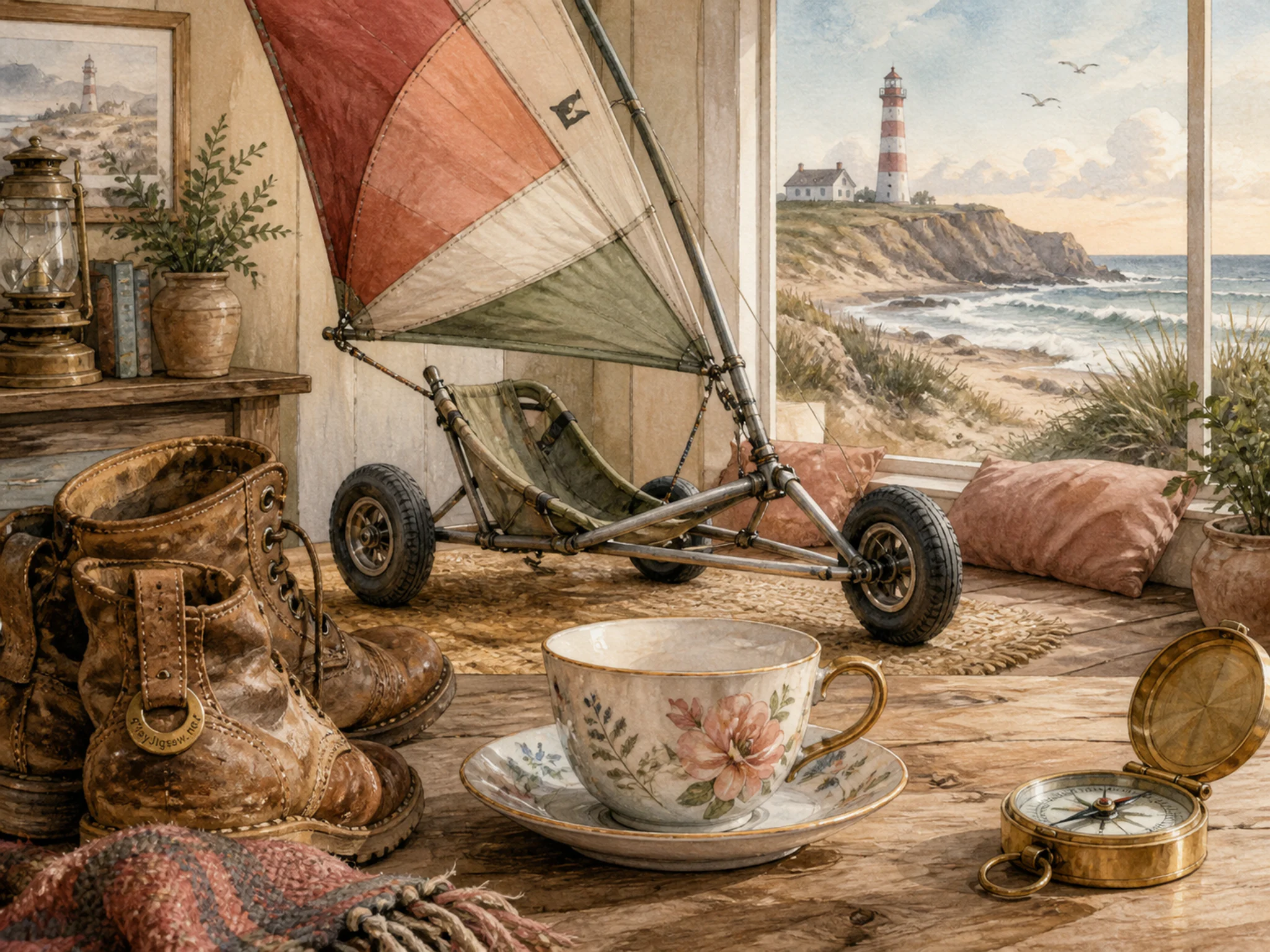 Kite Beach Cart glowing around enameled tea cup in a weather-swept coastal home, with layered scenery and clear early morning light.