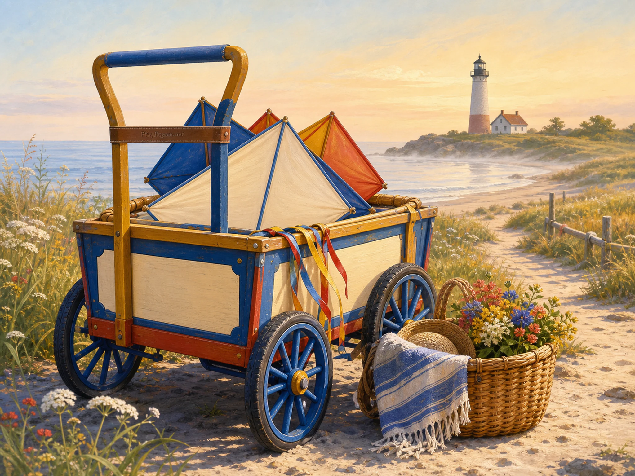 Kite Beach Cart ready near woven harvest basket in a bright midsummer outdoor setting, with layered scenery and calm misty dawn.