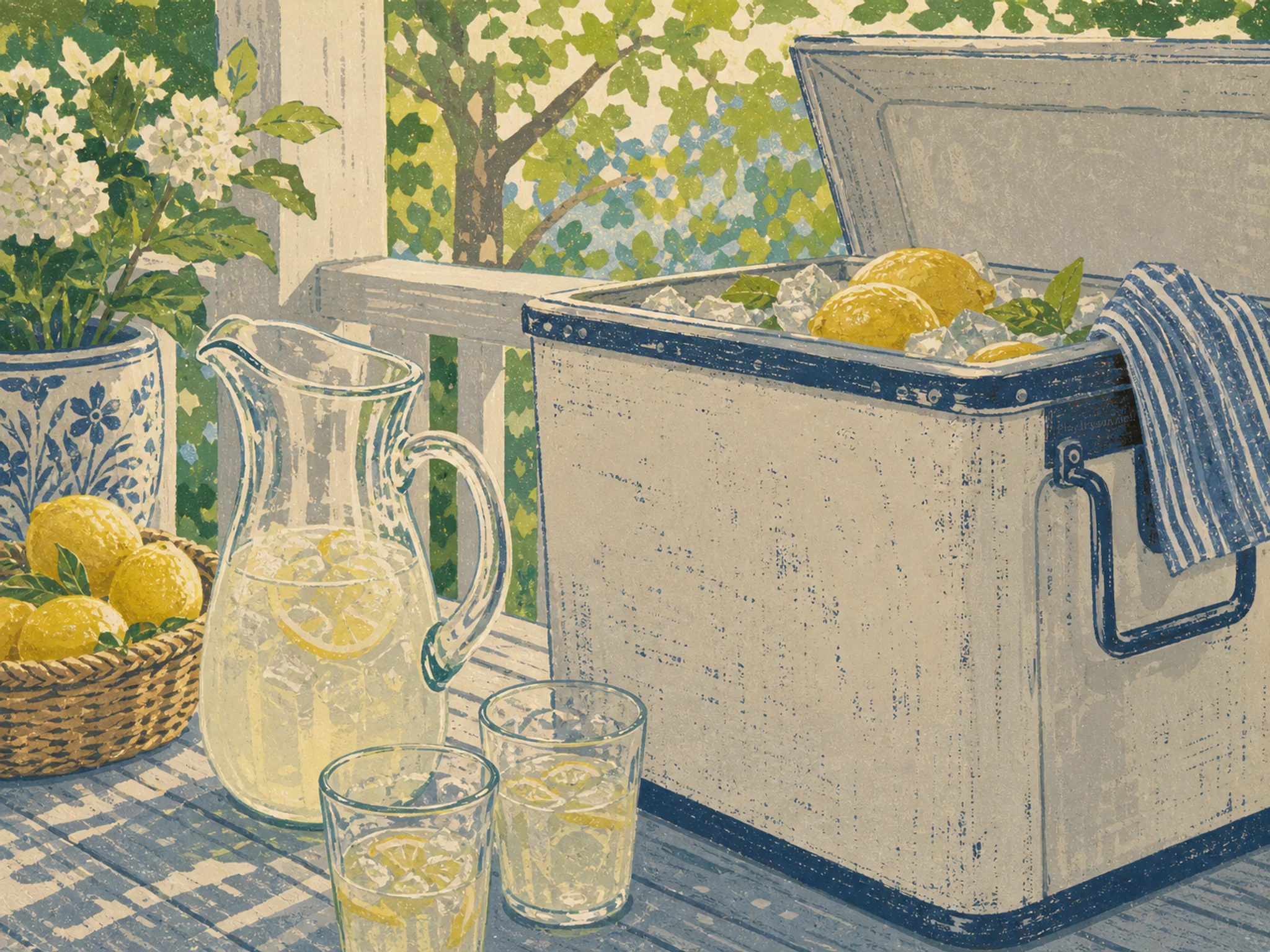 lemonade veranda arranged naturally beside an enamel drink cooler in a summer lemonade veranda beside a residential garden, with familiar objects and clear early-morning light.