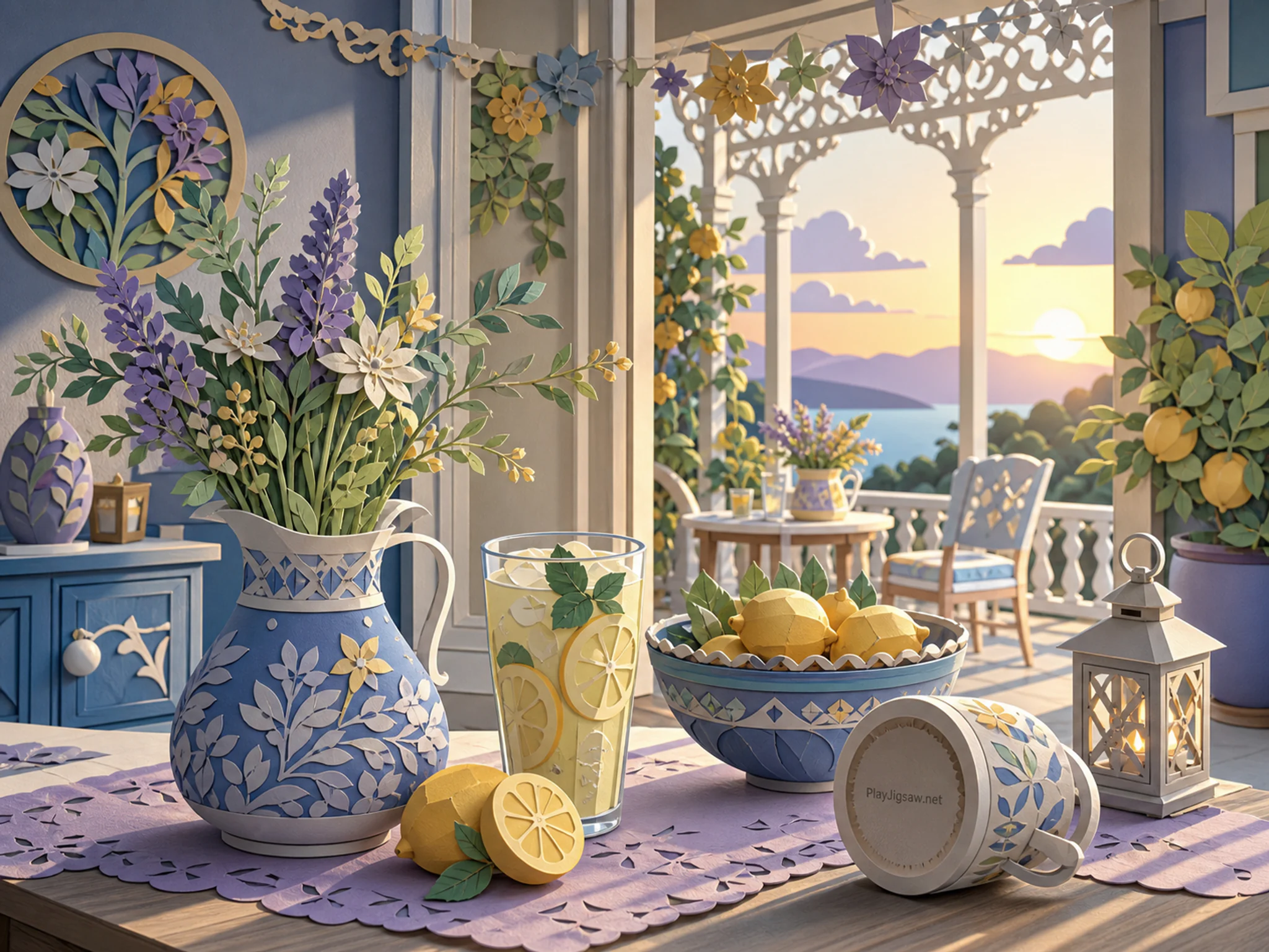 Lemonade Veranda filled beside small lantern frame in a carefully decorated new-year room, with layered scenery and warm late-day sunlight.