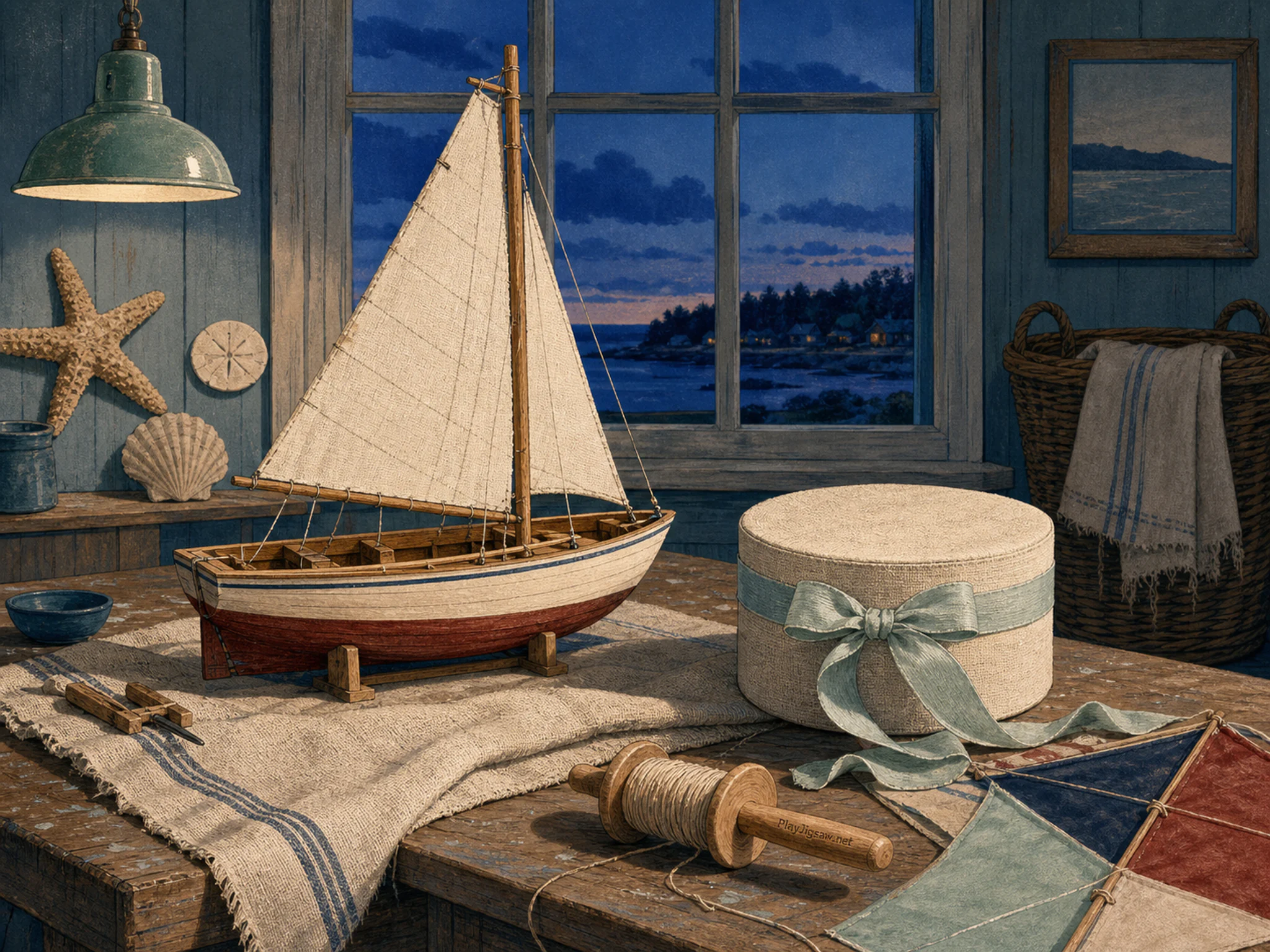 Midsummer Boat drying beside linen ribbon box in a restrained festive interior, with layered scenery and cool blue-hour light.