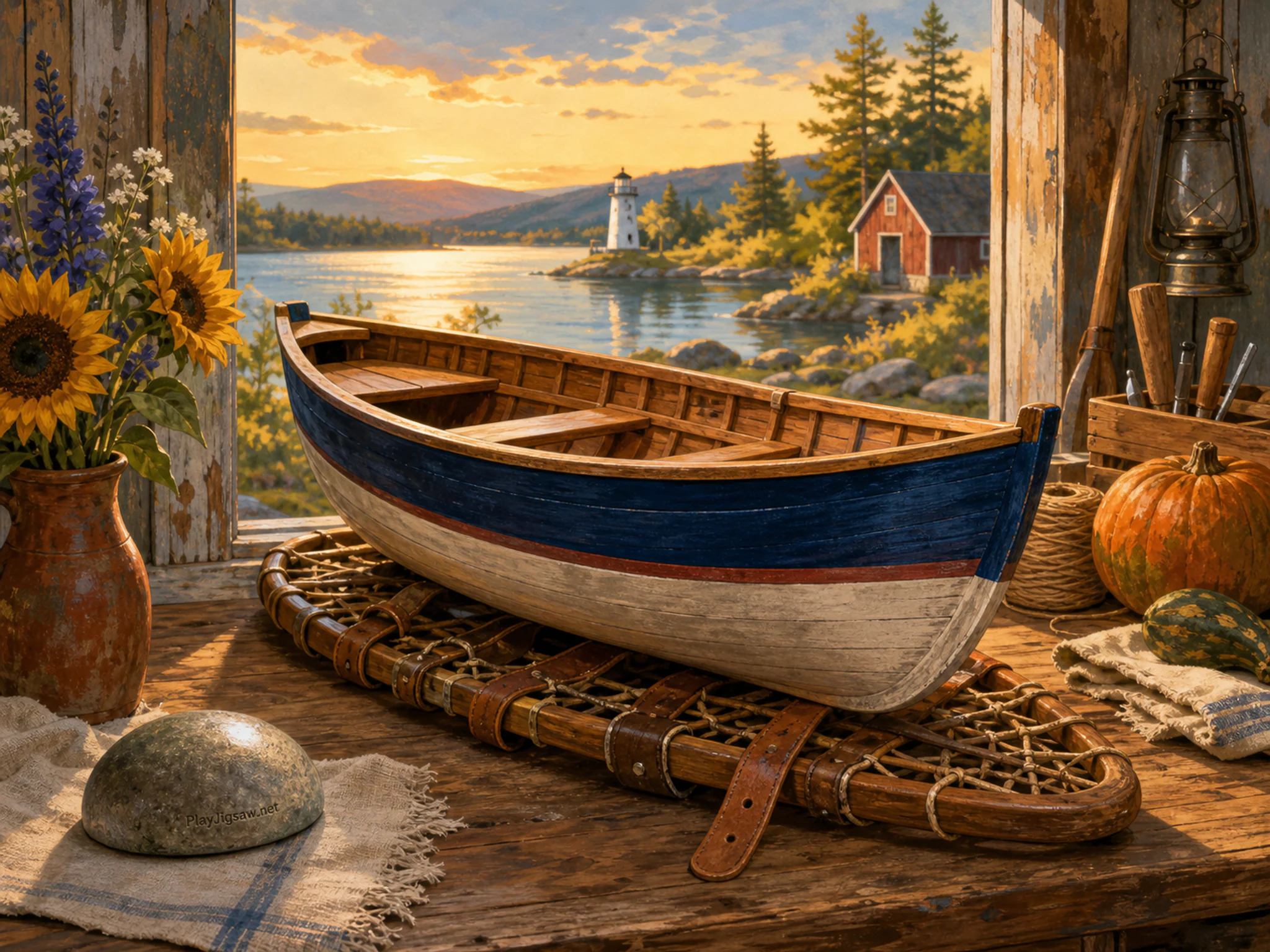 Midsummer Boat being folded on leather snowshoe strap in a warm harvest workspace, with layered scenery and warm late-day sunlight.