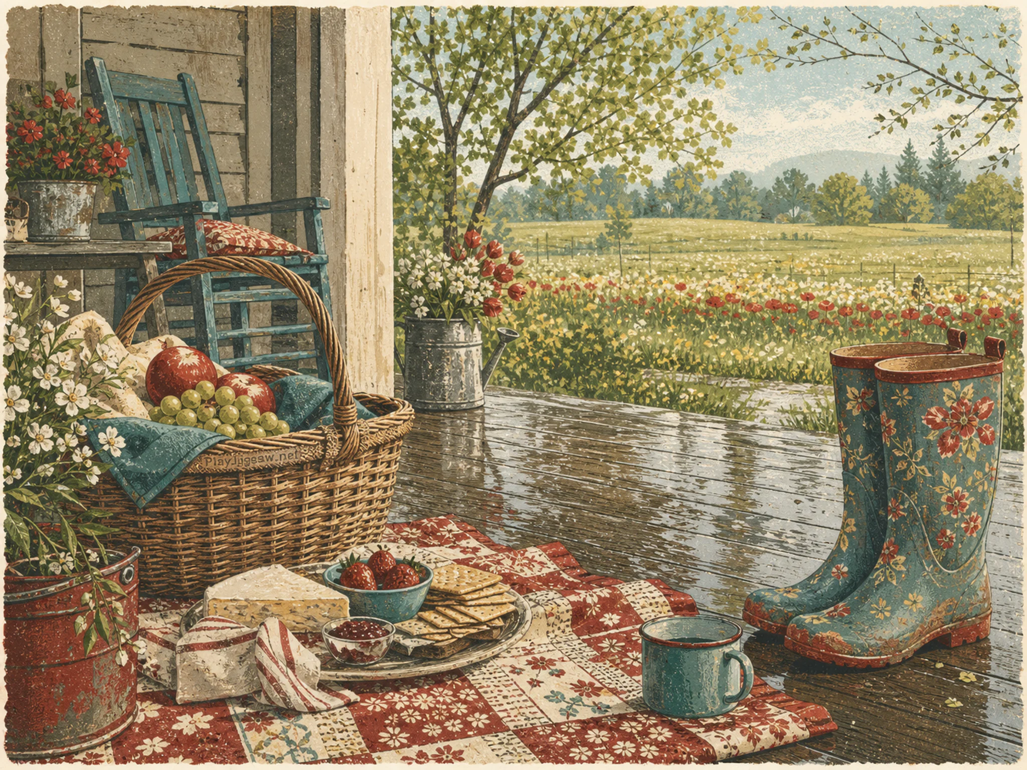 Picnic Meadow resting beneath painted garden boots in a fresh rain-washed spring porch, with layered scenery and clear early morning light.