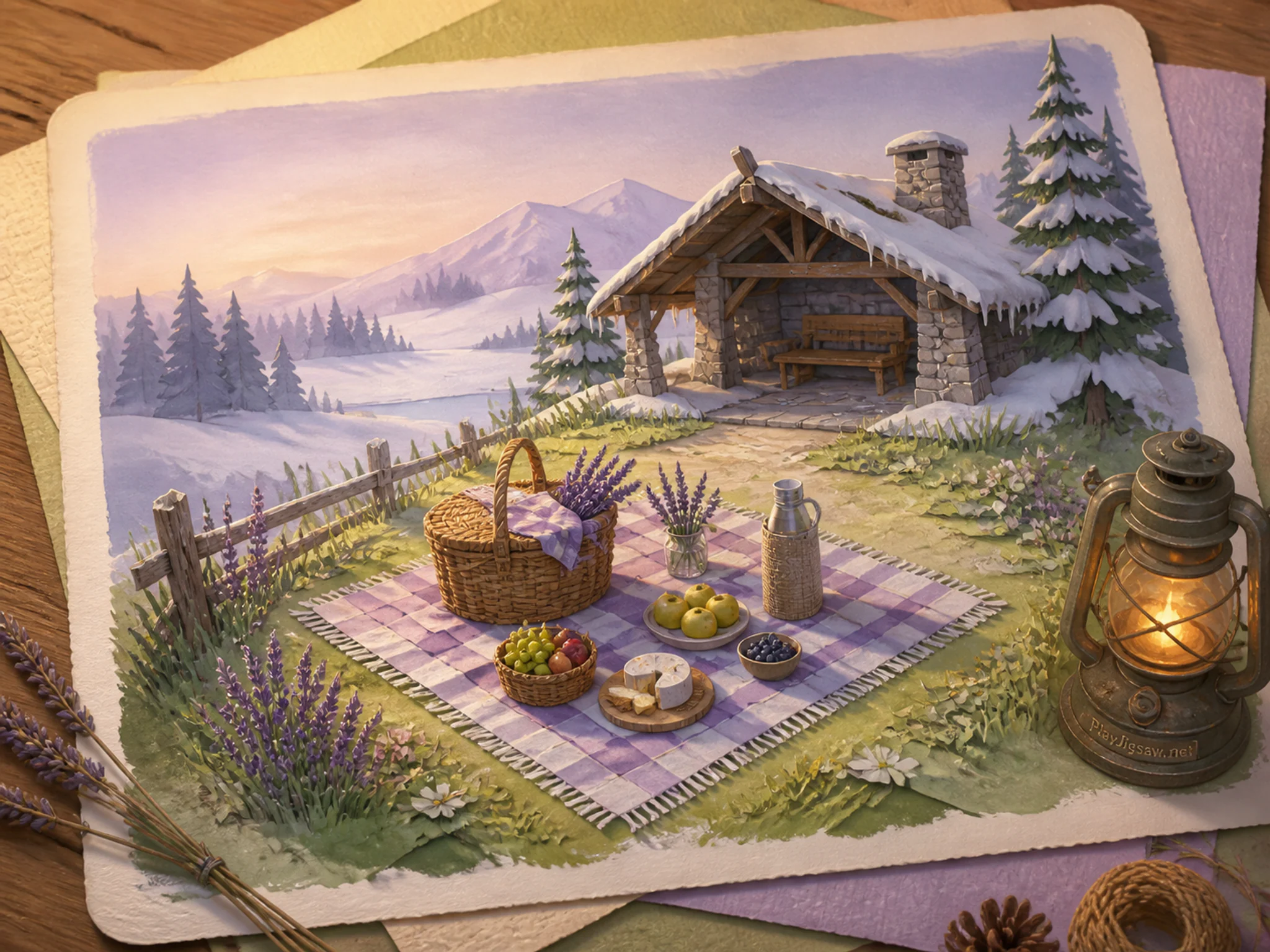 Picnic Meadow arranged along paper craft packet without text in a snow-softened winter shelter, with layered scenery and calm misty dawn.