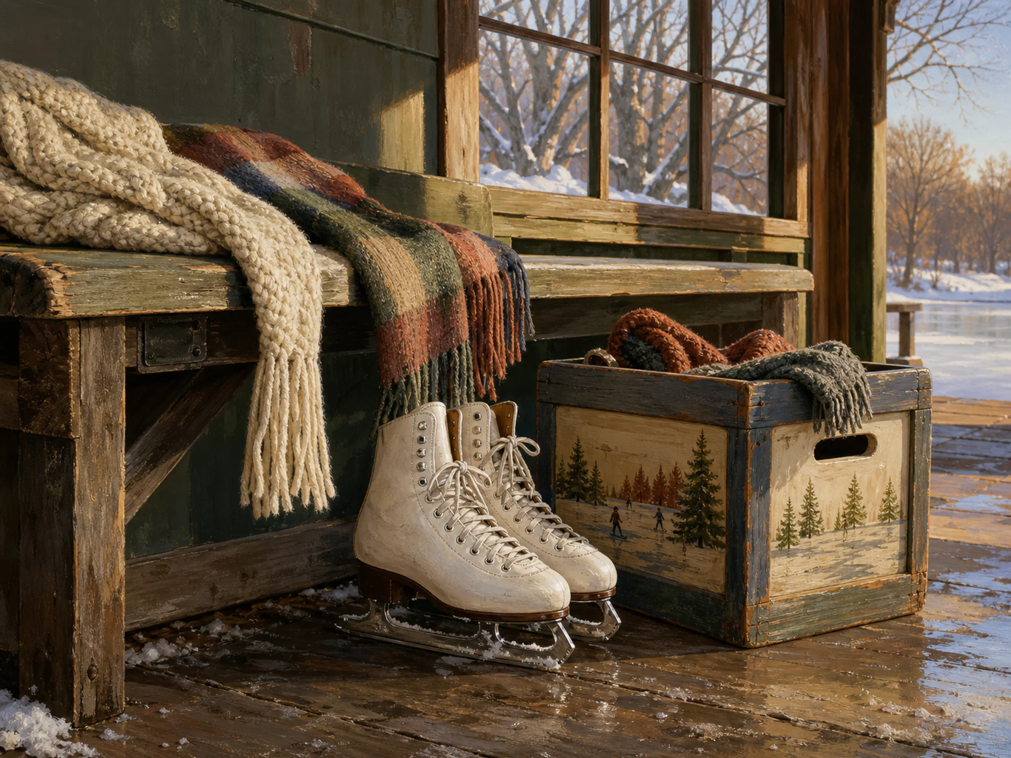 ice skate bench arranged naturally beside a painted skate box in a winter skate-shelter bench with scarves and no people, with familiar objects and golden kitchen-window light.