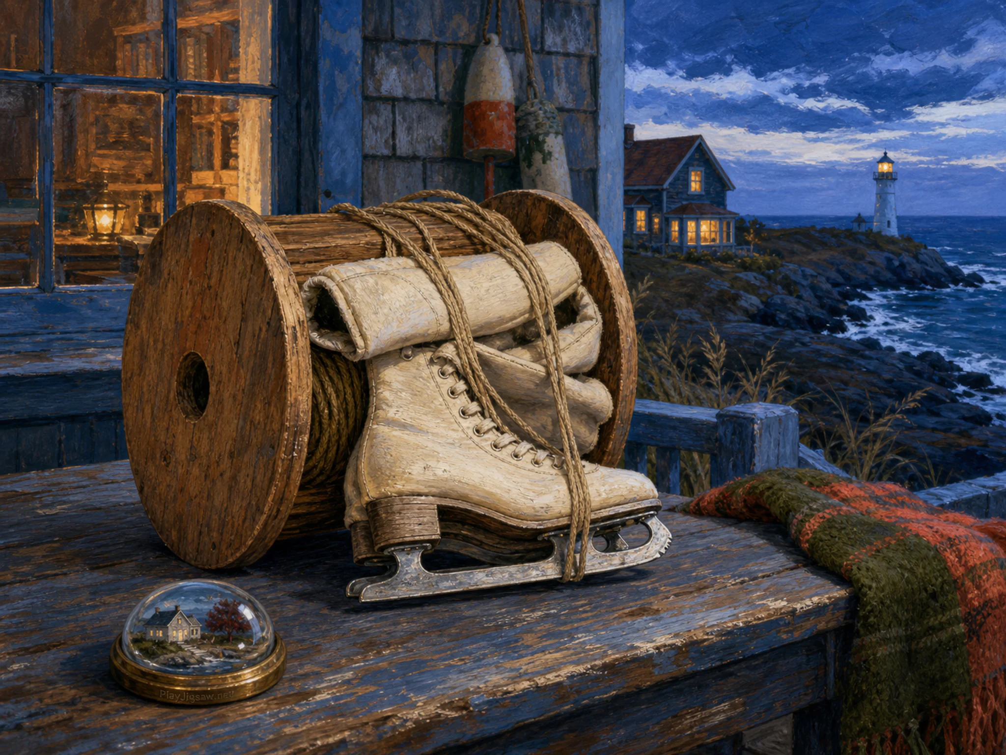 Ice Skate Bench being folded on wooden kite spool in a weather-swept coastal home, with layered scenery and cool blue-hour light.