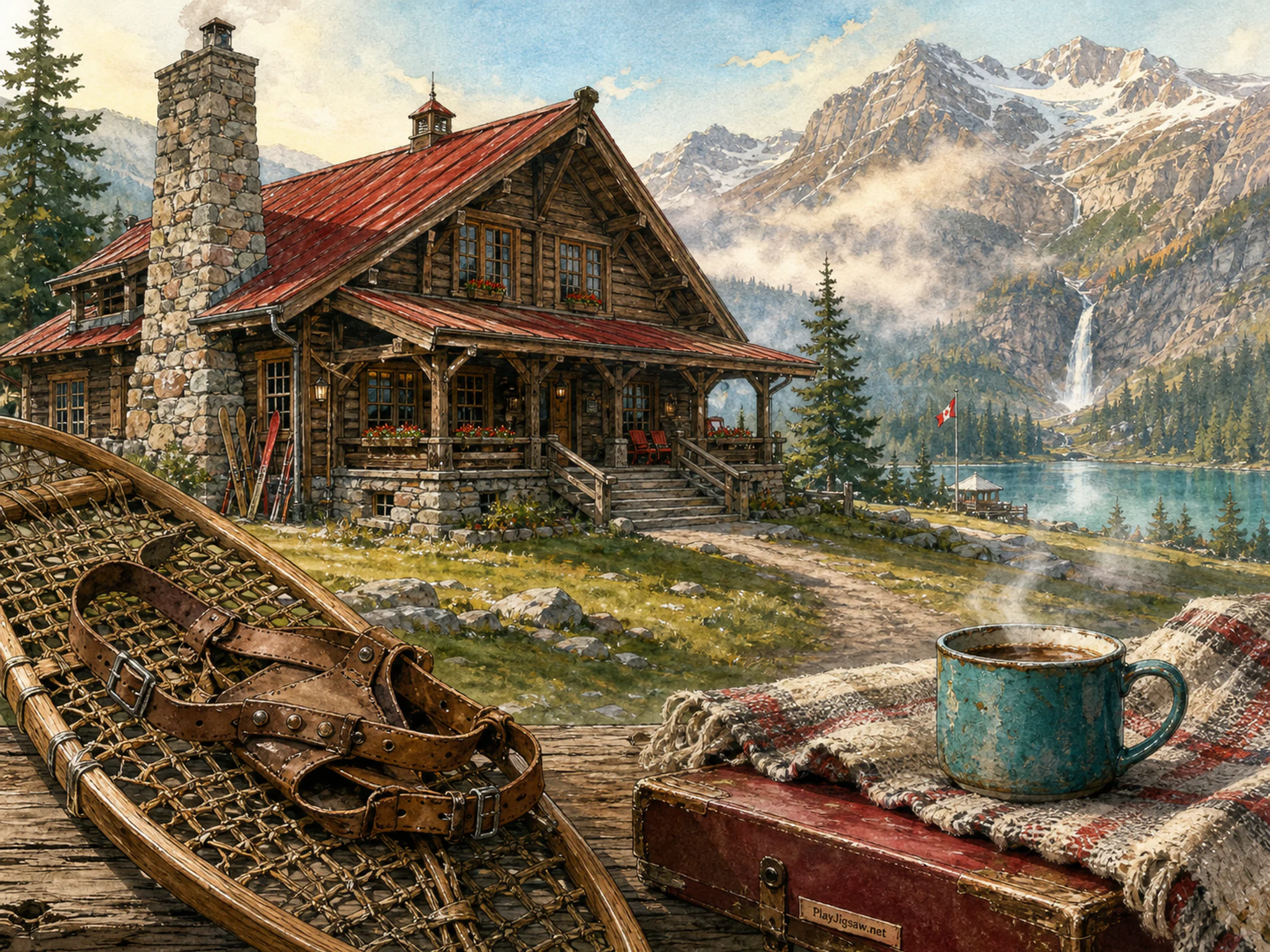 Ski Lodge filled beside leather snowshoe strap in a bright midsummer outdoor setting, with layered scenery and calm misty dawn.
