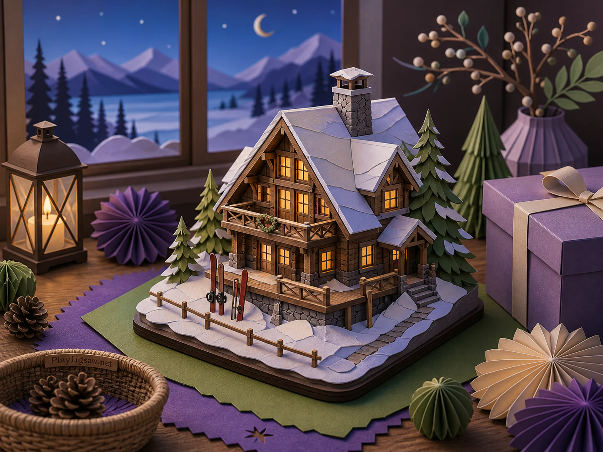 Ski Lodge sheltered beside linen ribbon box in a carefully decorated new-year room, with layered scenery and cool blue-hour light.