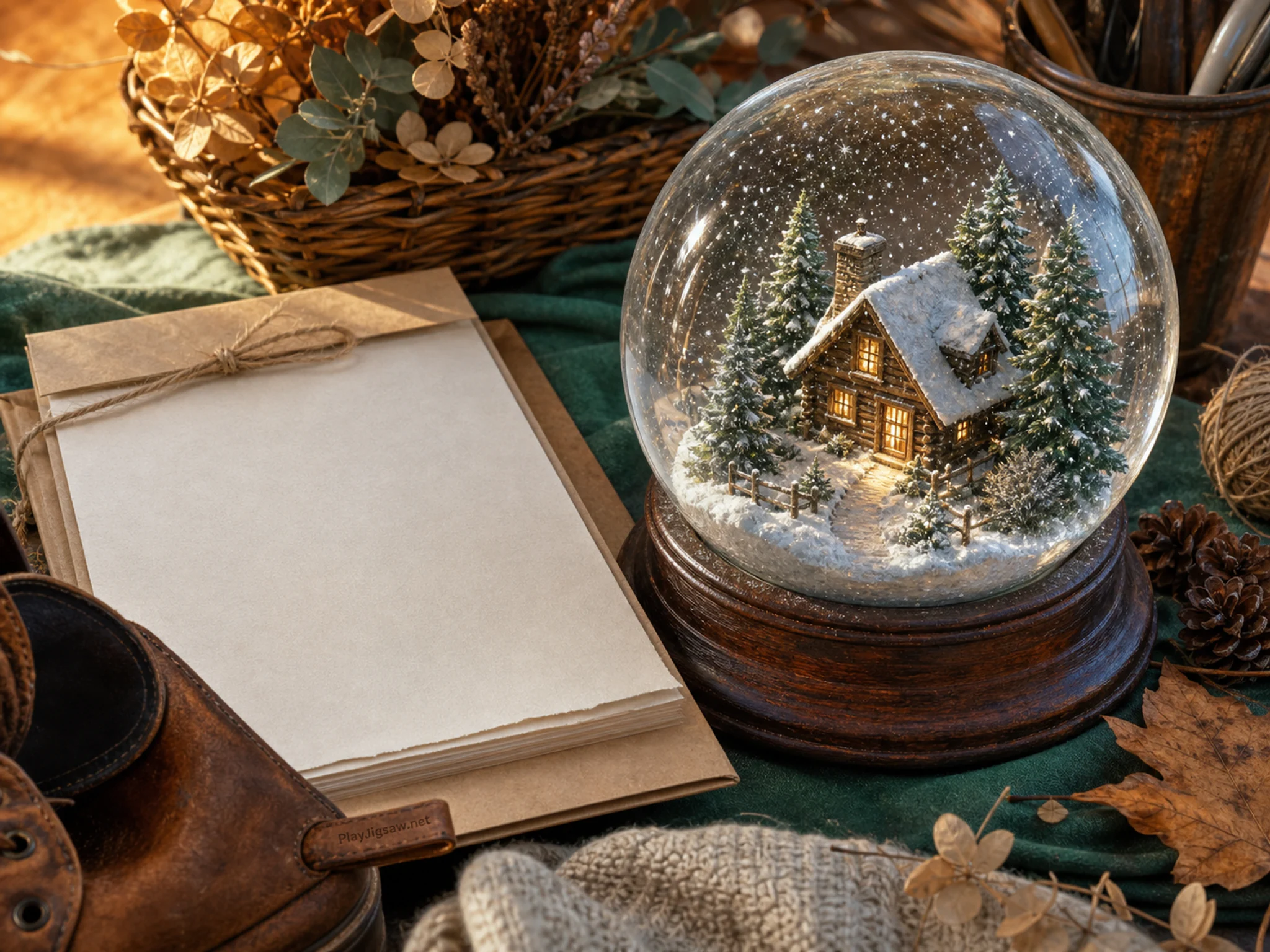 Snow Globe Cabin glowing around paper craft packet without text in a warm harvest workspace, with layered scenery and warm late-day sunlight.