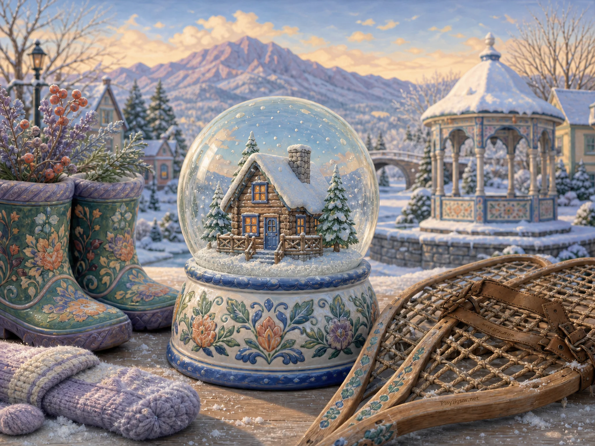 Snow Globe Cabin ready near painted garden boots in a glowing communal evening, with layered scenery and clear early morning light.