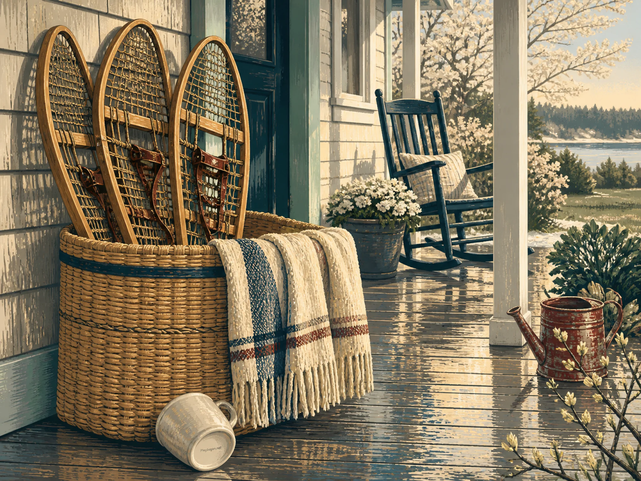 Snowshoe Rack arranged along woven harvest basket in a fresh rain-washed spring porch, with layered scenery and warm late-day sunlight.