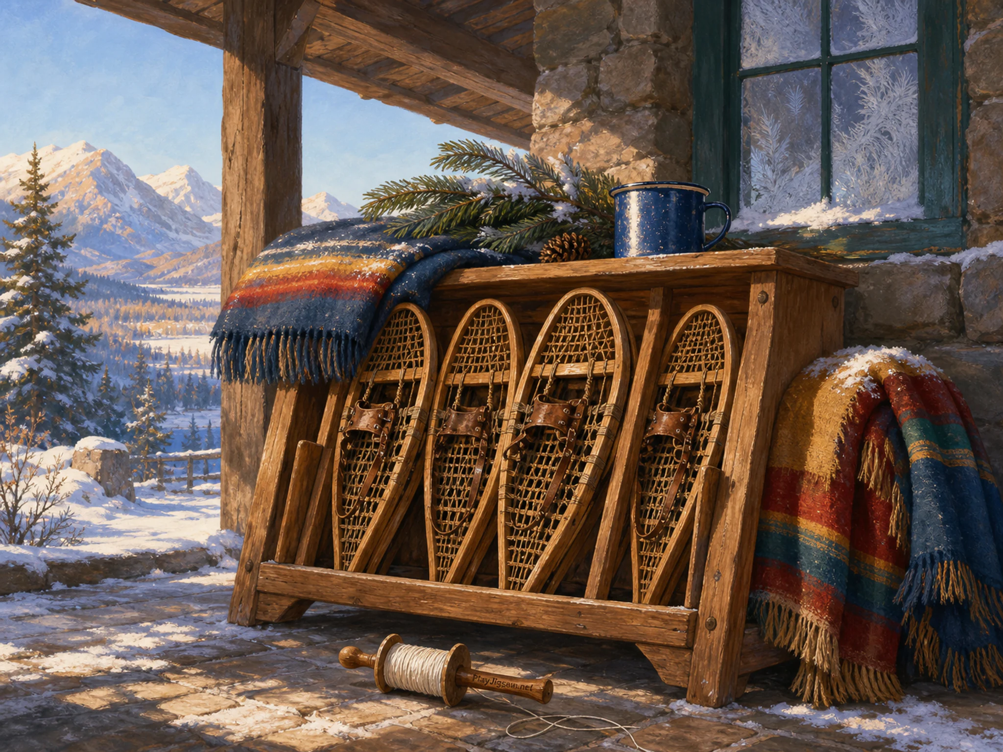 Snowshoe Rack resting beneath enameled tea cup in a snow-softened winter shelter, with layered scenery and clear early morning light.