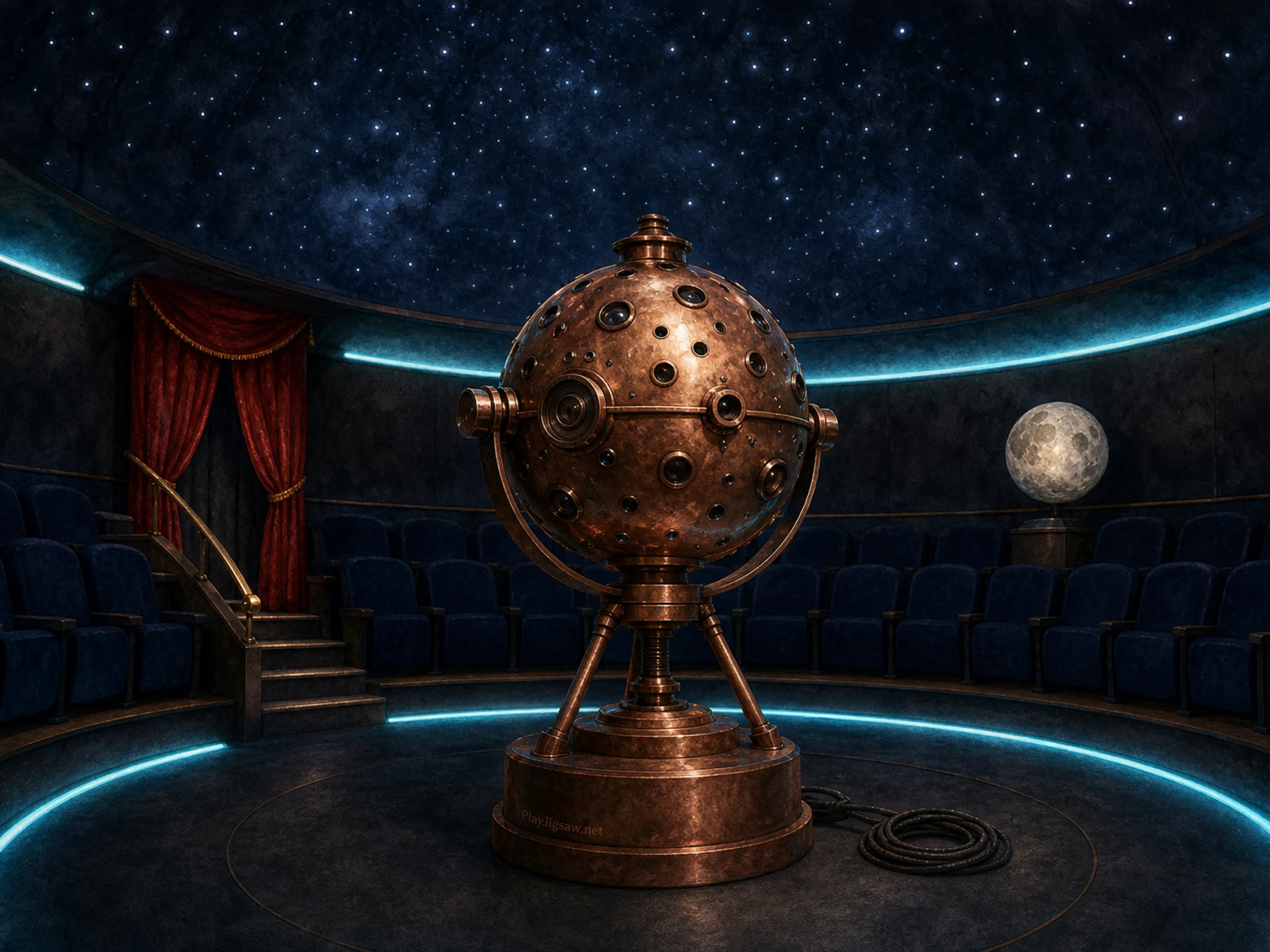 A miniature planetarium with a copper projector sphere, navy curved seats, cyan floor light ring, red velvet curtain, brass handrail, moon model sphere, cable coil, and a tiny in-world pedestal engraving