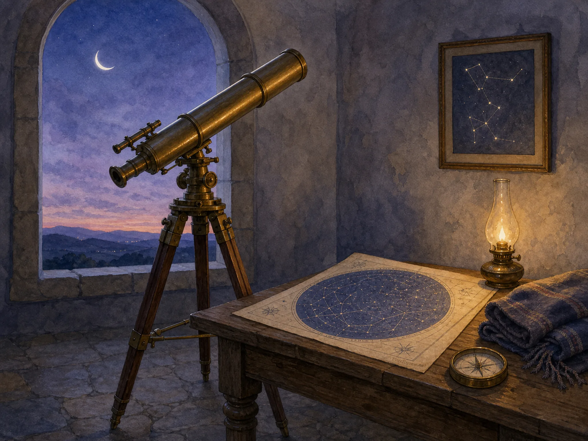 A hilltop observatory room at blue hour with a brass telescope, arched moonlit window, star chart, oil lamp, folded blanket, compass, and constellation sketch