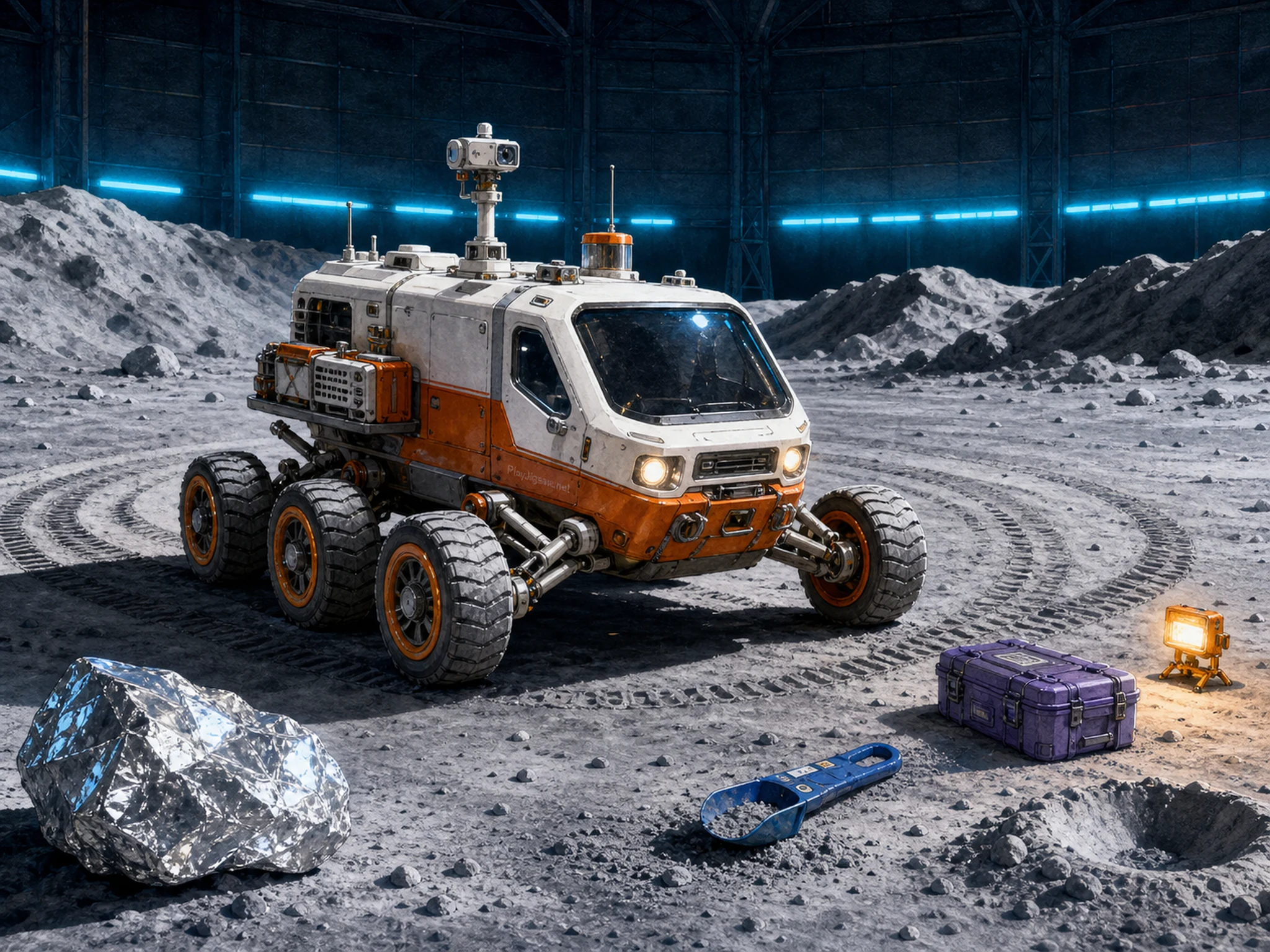 A white and orange six-wheeled rover on moonlike test terrain with cyan hangar lights, silver foil rock, cobalt scoop, violet case, and a tiny side-panel stencil