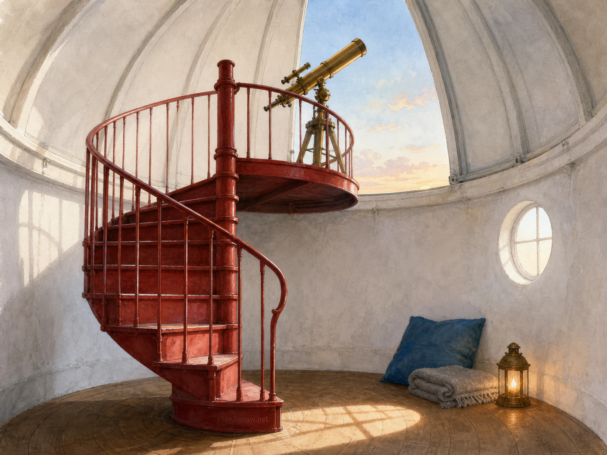 A small dawn observatory dome with a red spiral staircase, brass telescope, blue cushion, gray folded blanket, lantern, round window reflection, open sky slit, and a tiny etched in-world maker mark