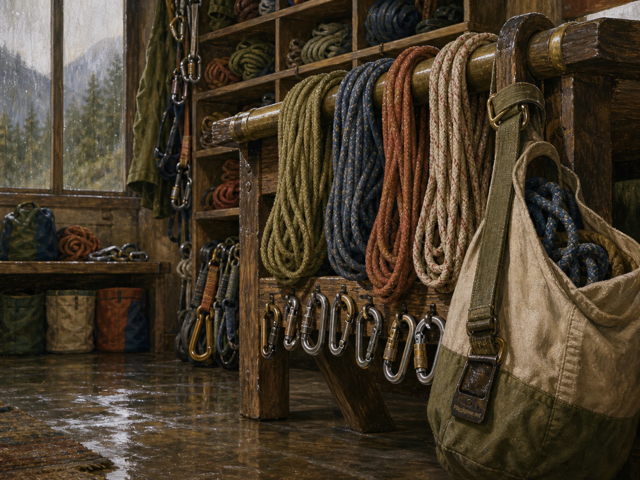 alpine rope station stored naturally beside a canvas rope bag in a community climbing-gear room with an alpine rope station, with familiar objects and sun after a brief rain.