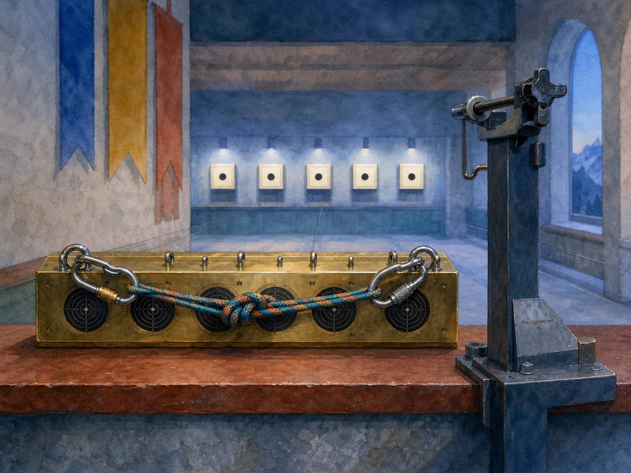 Alpine Rope Station prepared across brass scoring counter in a precise target-sports salle, with layered scenery and cool blue-hour light.