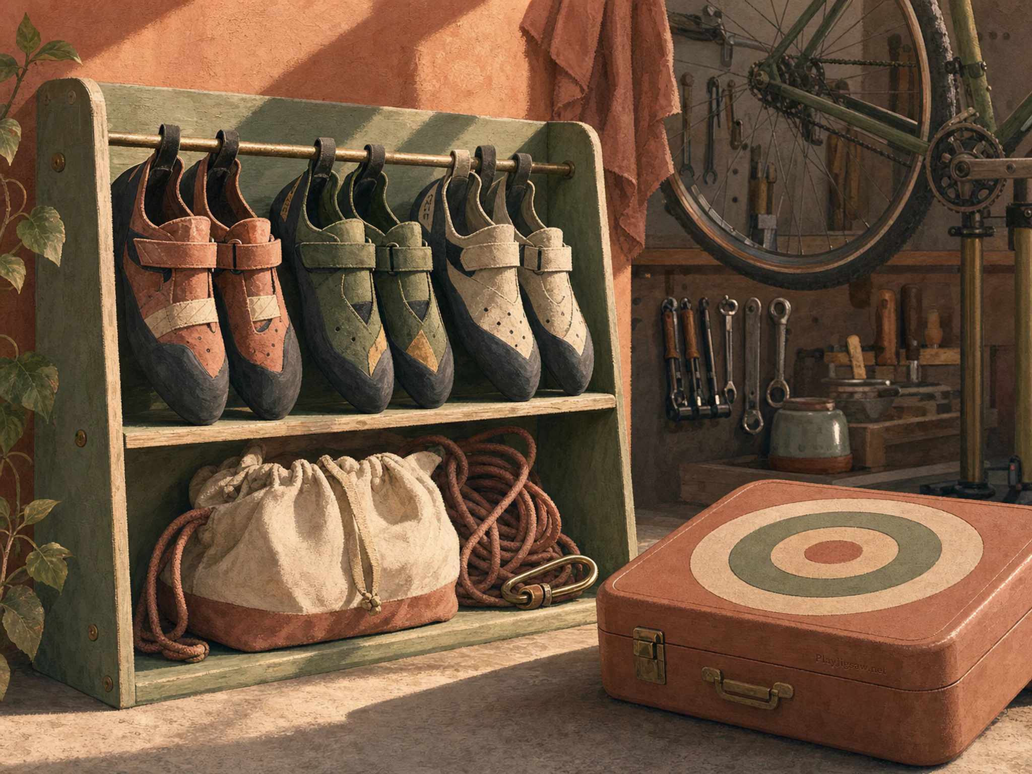 Bouldering Shoe Shelf drying above canvas rope bag in a clean cycling repair pit, with layered scenery and warm late-day sunlight.
