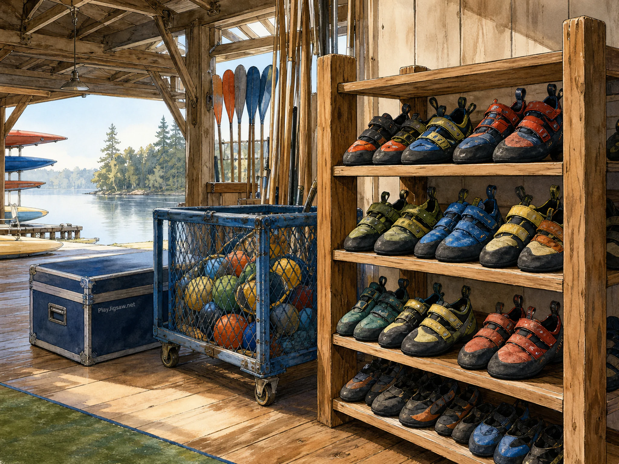 Bouldering Shoe Shelf stored beside mesh ball cart in a timber water-sports boathouse, with layered scenery and clear early morning light.