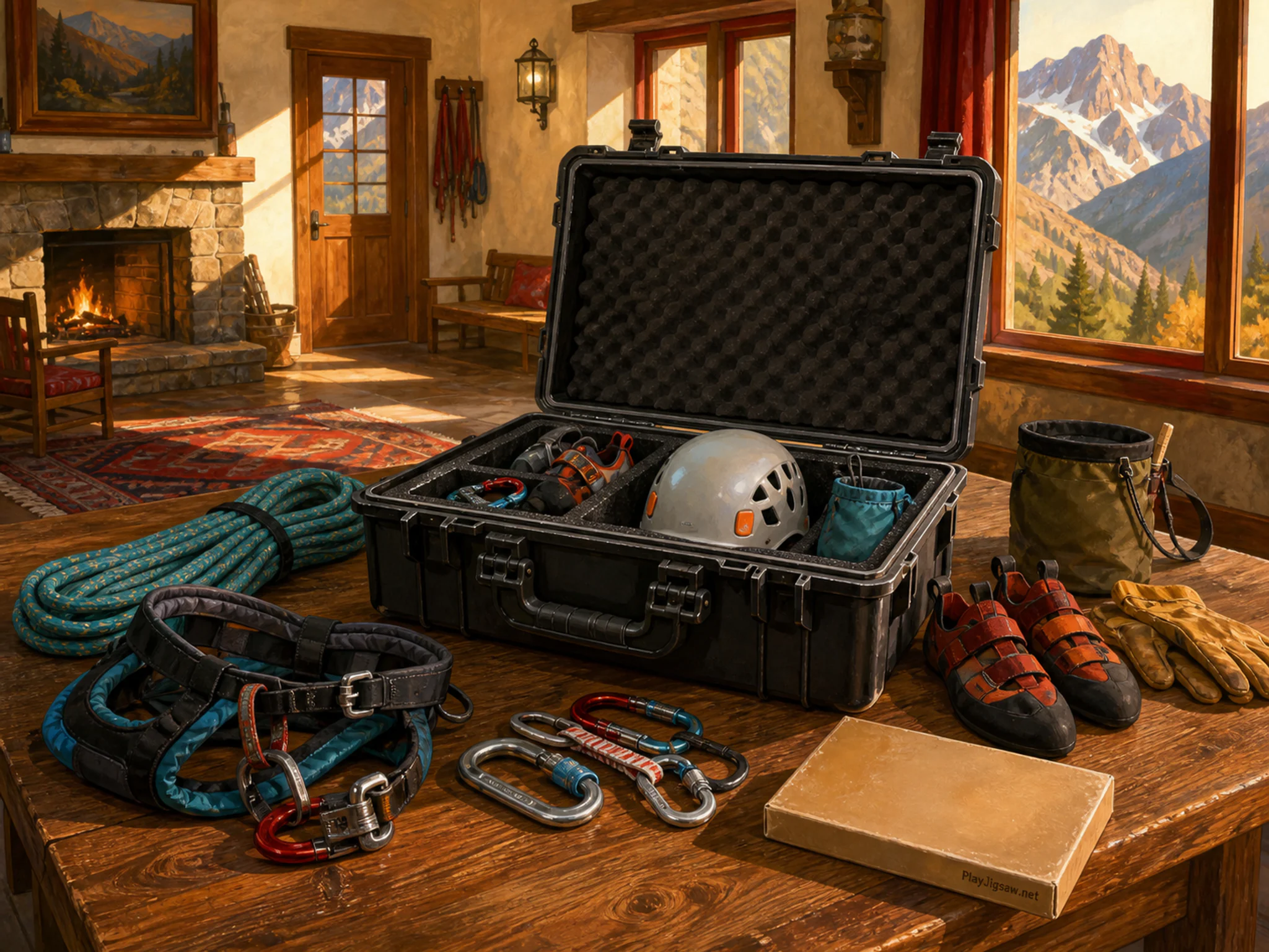Gear Check Table organized around protective equipment case in a warm traditional games hall, with layered scenery and warm late-day sunlight.