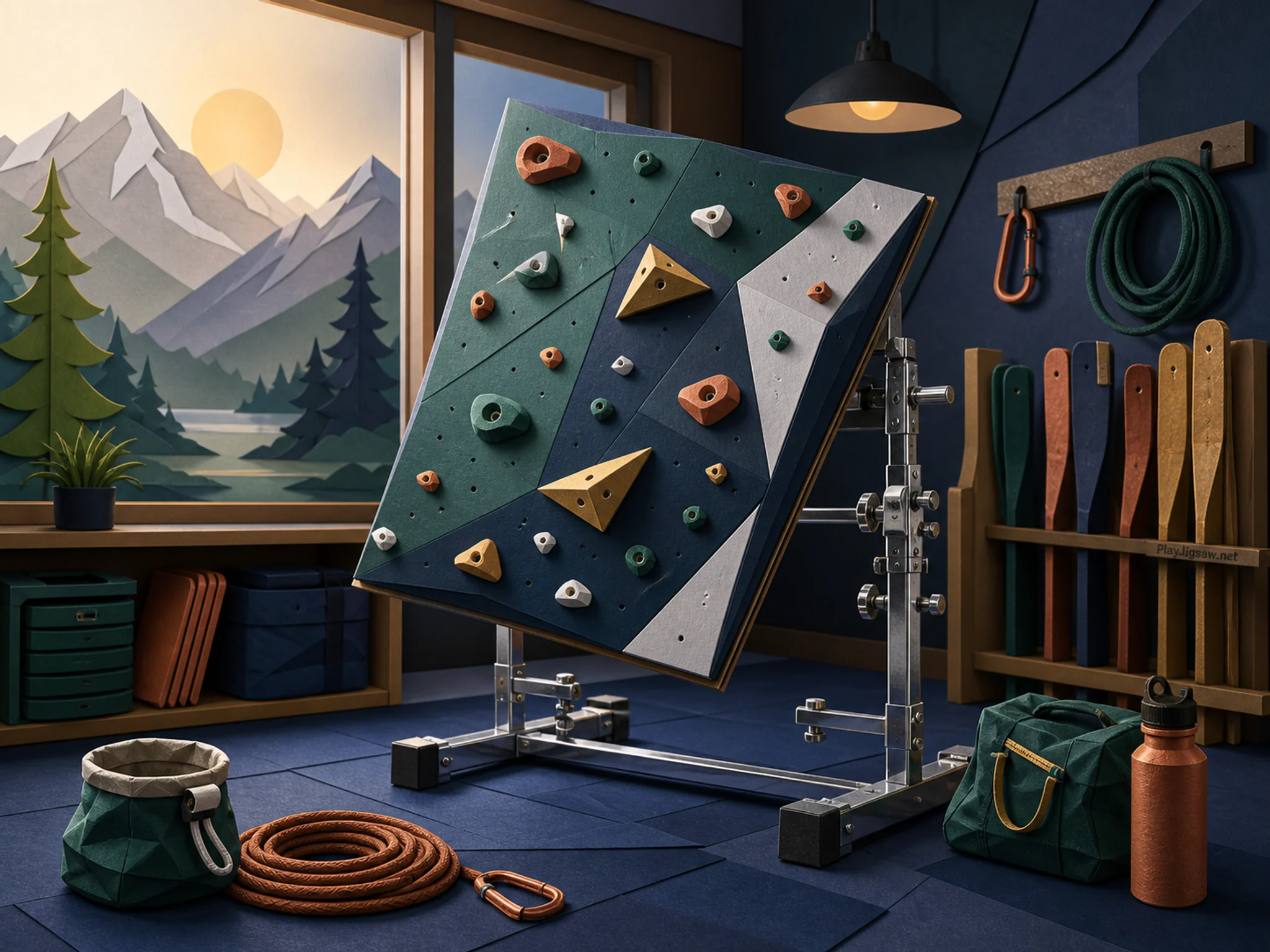 Indoor Climbing Wall being adjusted on chrome repair stand in a quiet club equipment corner, with layered scenery and calm misty dawn.