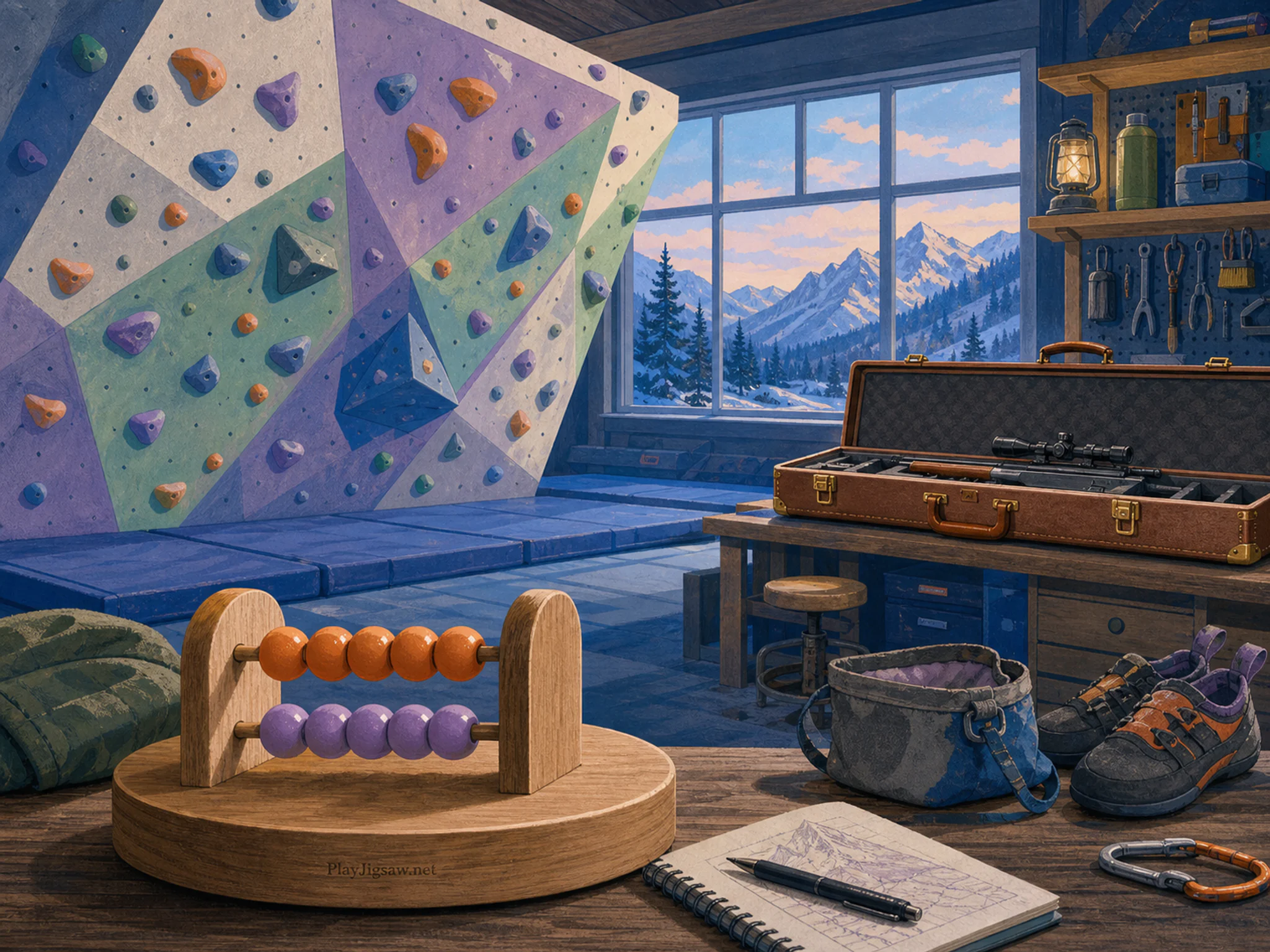 Indoor Climbing Wall aligned beside leather target case in a cold-weather sports workshop, with layered scenery and cool blue-hour light.