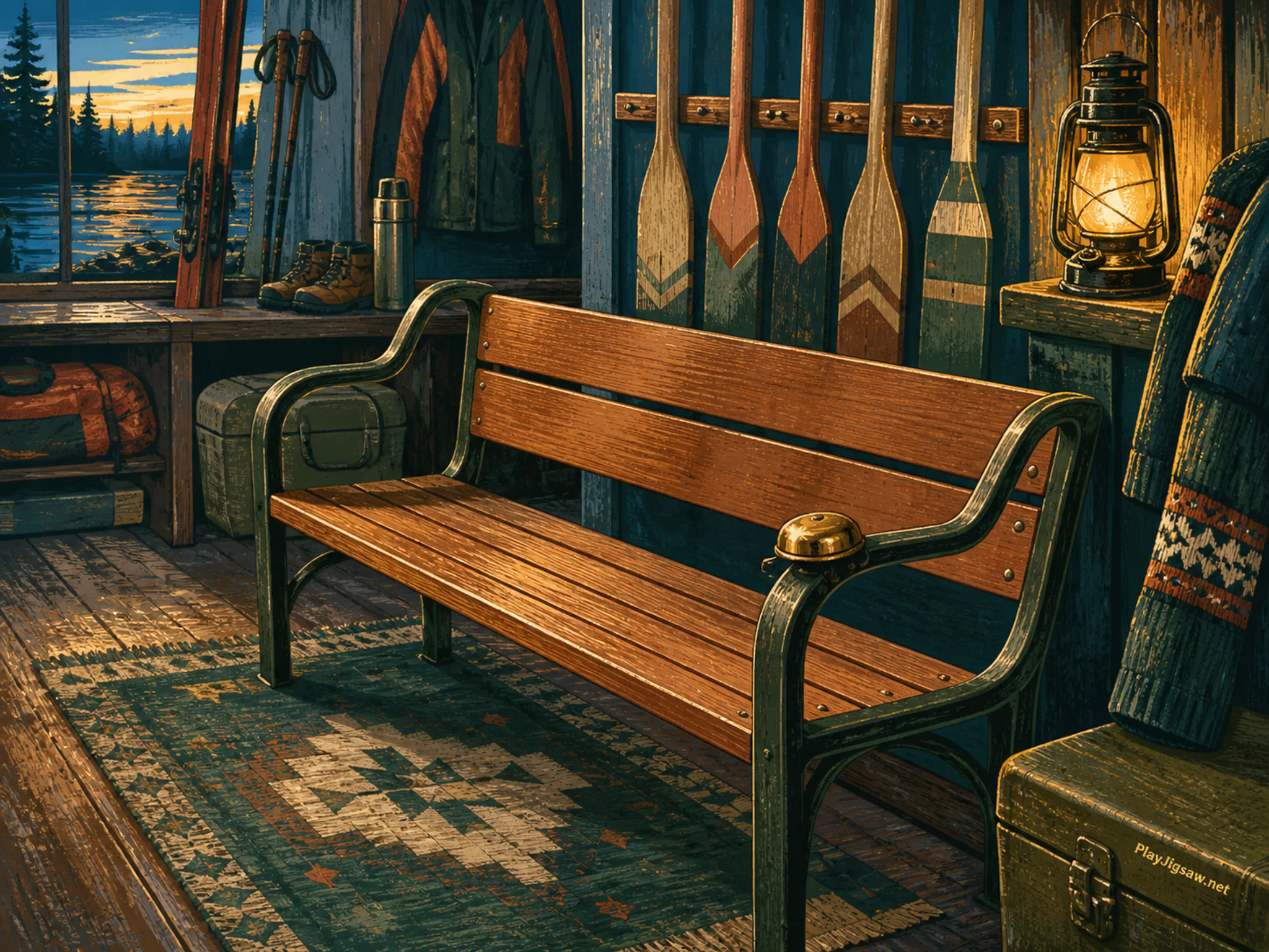 Bicycle Bell Bench waiting near painted paddle rack in a cold-weather sports workshop, with layered scenery and golden lamplight at dusk.