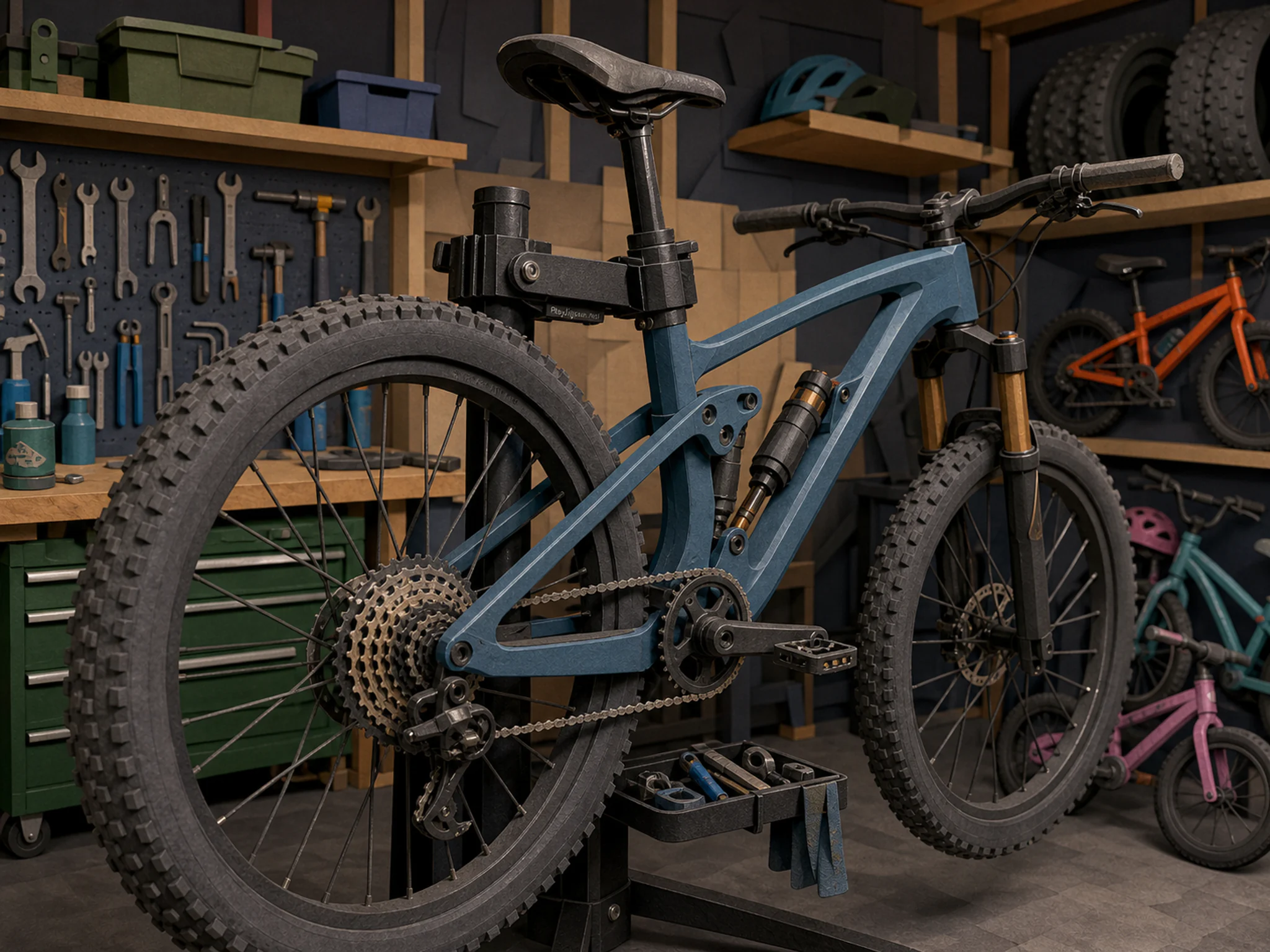 mountain bike rack stored naturally beside a green metal toolbox in a garage mountain-bike repair setup beside family bikes, with familiar objects and soft overcast afternoon.