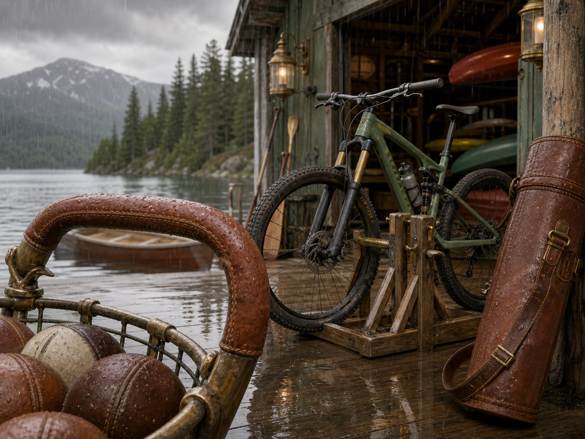 Mountain Bike Rack checked near leather target case in a timber water-sports boathouse, with layered scenery and gentle rain with crisp reflections.