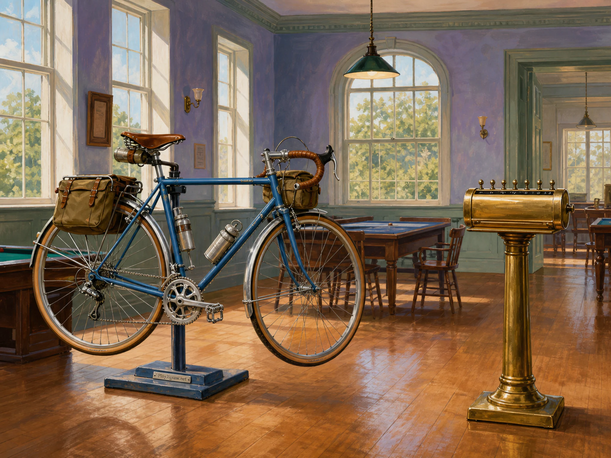 Touring Bicycle stored beside brass scoring counter in a warm traditional games hall, with layered scenery and bright diffused window light.